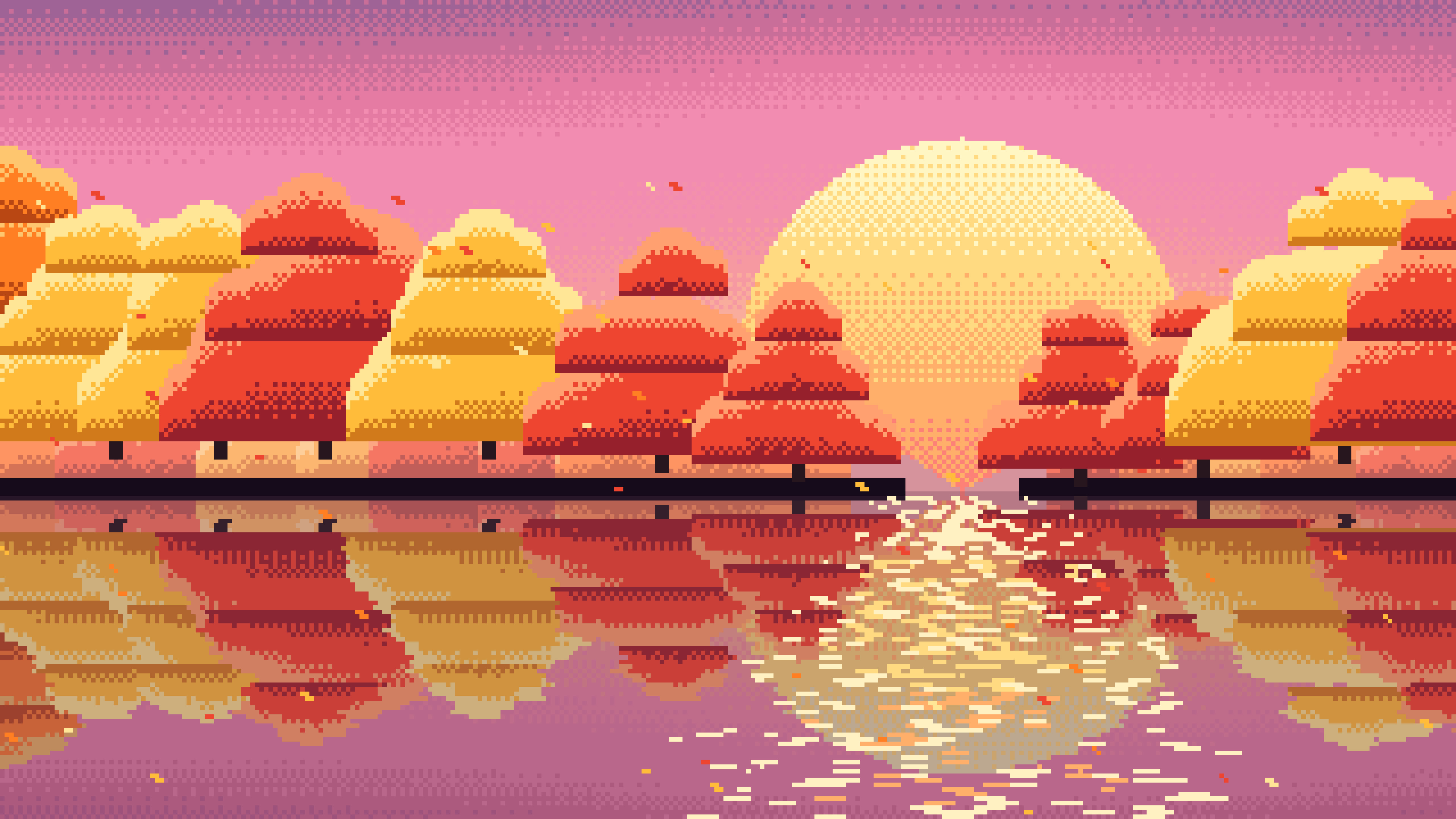 Pink Pixel Art Fall Lake desktop wallpaper in 4K