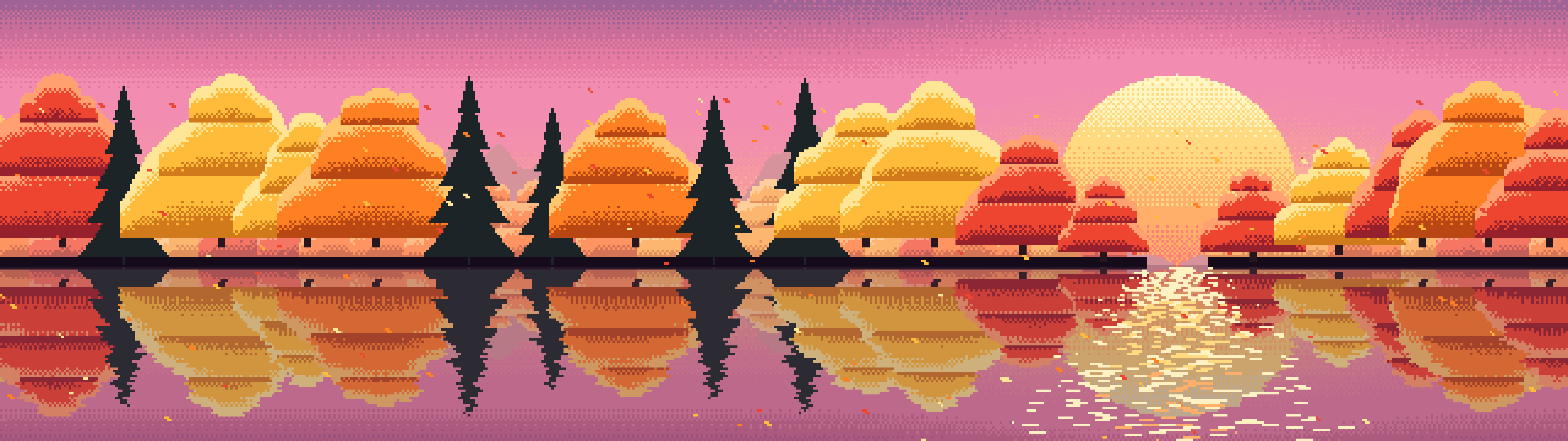 Pink Pixel Art Fall Lake dual monitor wallpaper, 7680 × 2160