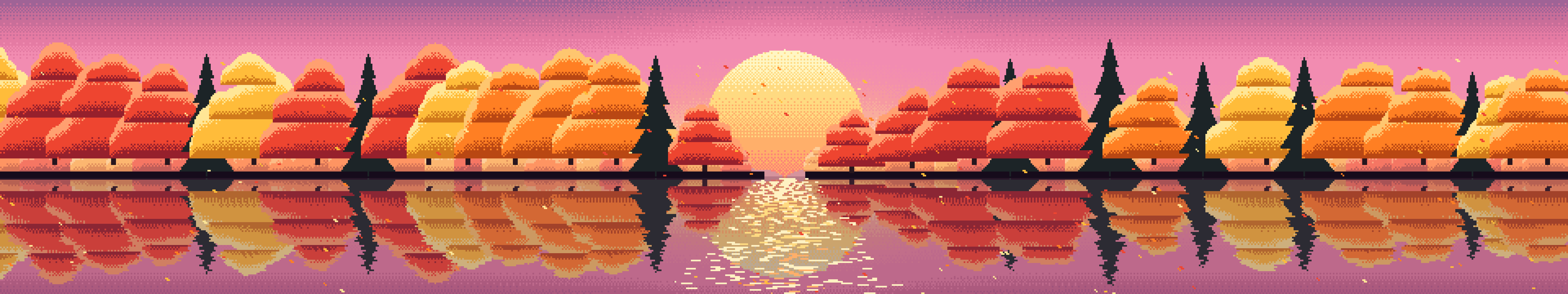 Pink Pixel Art Fall Lake triple monitor wallpaper, 7680 × 1440