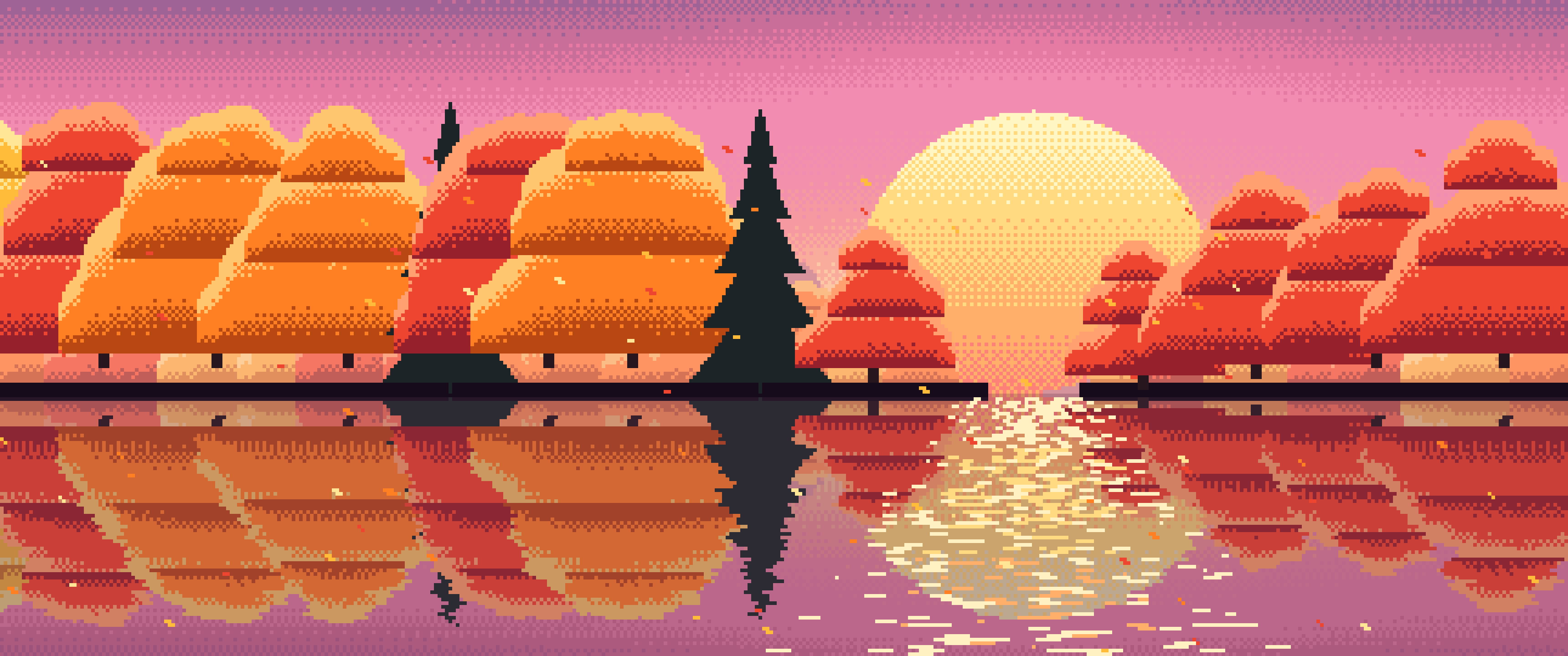 Pink Pixel Art Fall Lake ultrawide wallpaper, 3440 × 1440