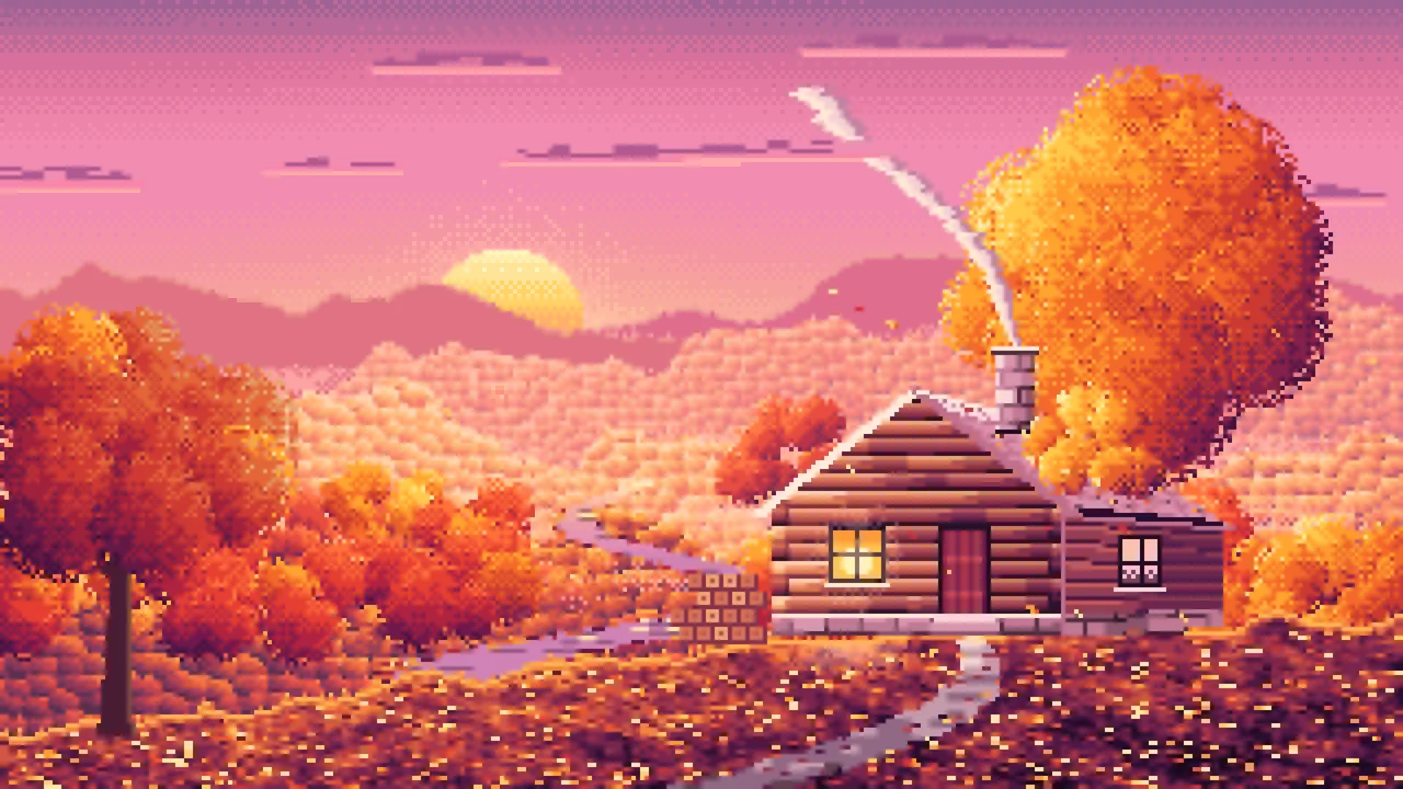 Pink Pixel Art Fall Log Cabin above a Valley desktop wallpaper in 4K