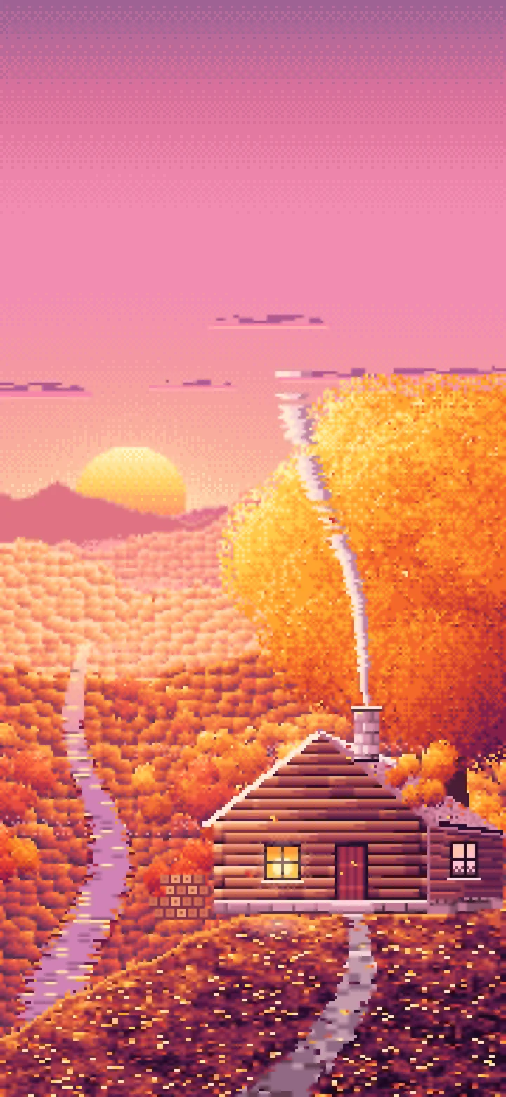 Pink Pixel Art Fall Log Cabin above a Valley wallpaper for iPhone and Android