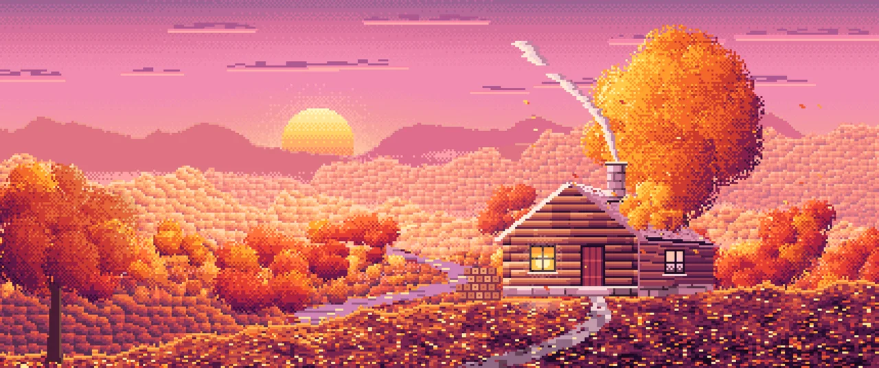 Pink Pixel Art Fall Log Cabin above a Valley ultrawide wallpaper, 3440 × 1440