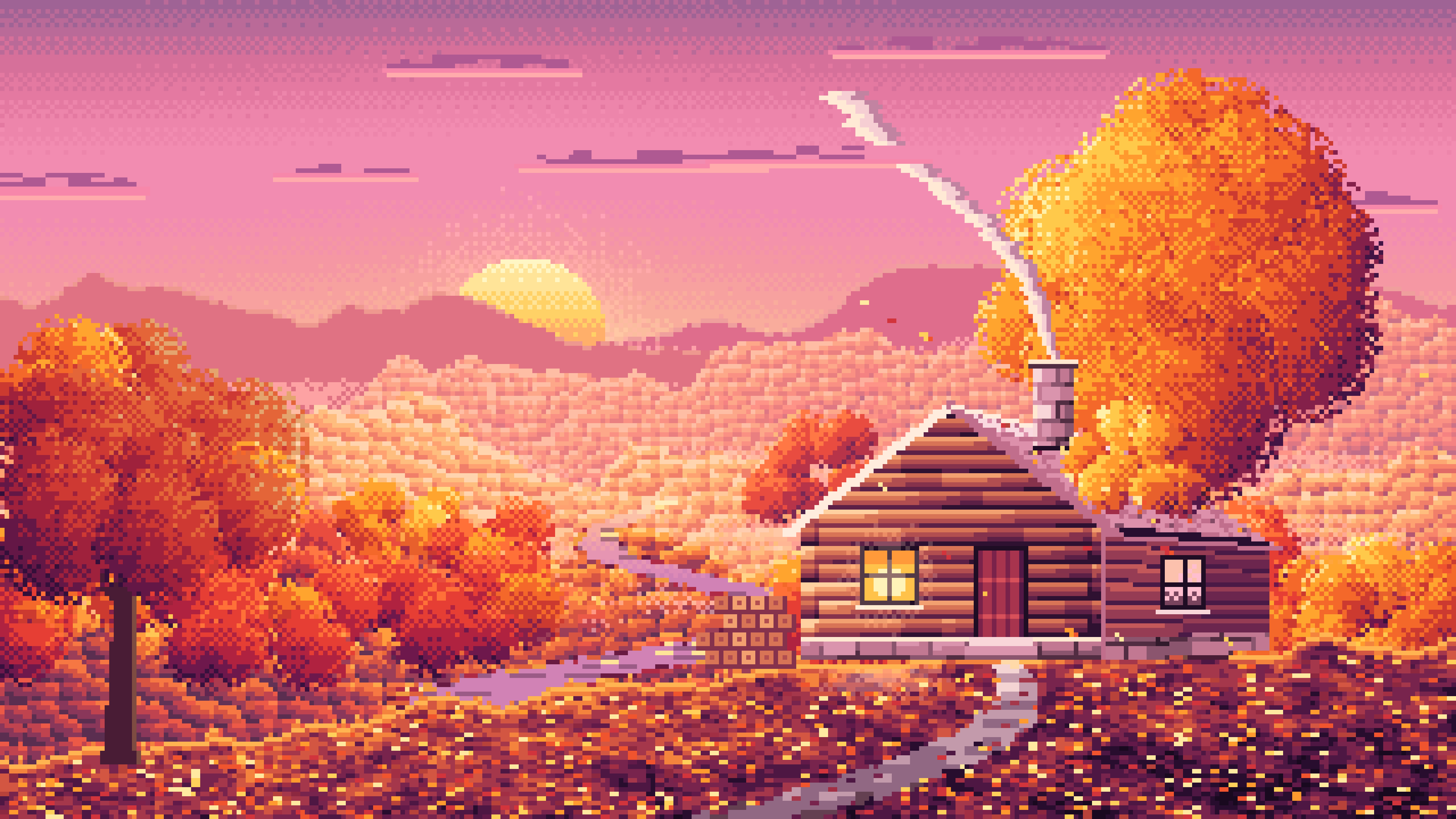 Pink Pixel Art Fall Log Cabin above a Valley desktop wallpaper in 4K