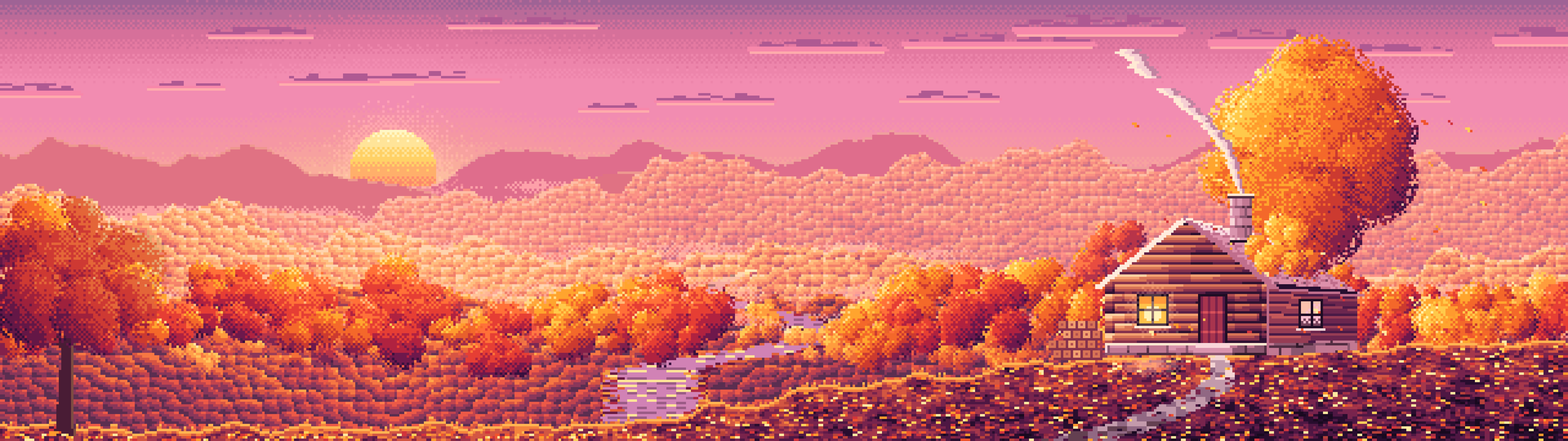Pink Pixel Art Fall Log Cabin above a Valley dual monitor wallpaper, 7680 × 2160