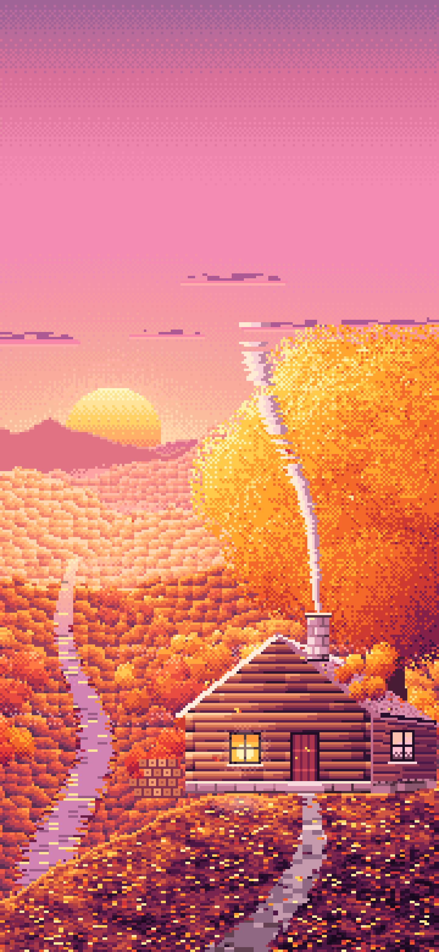 Pink Pixel Art Fall Log Cabin above a Valley wallpaper for iPhone and Android