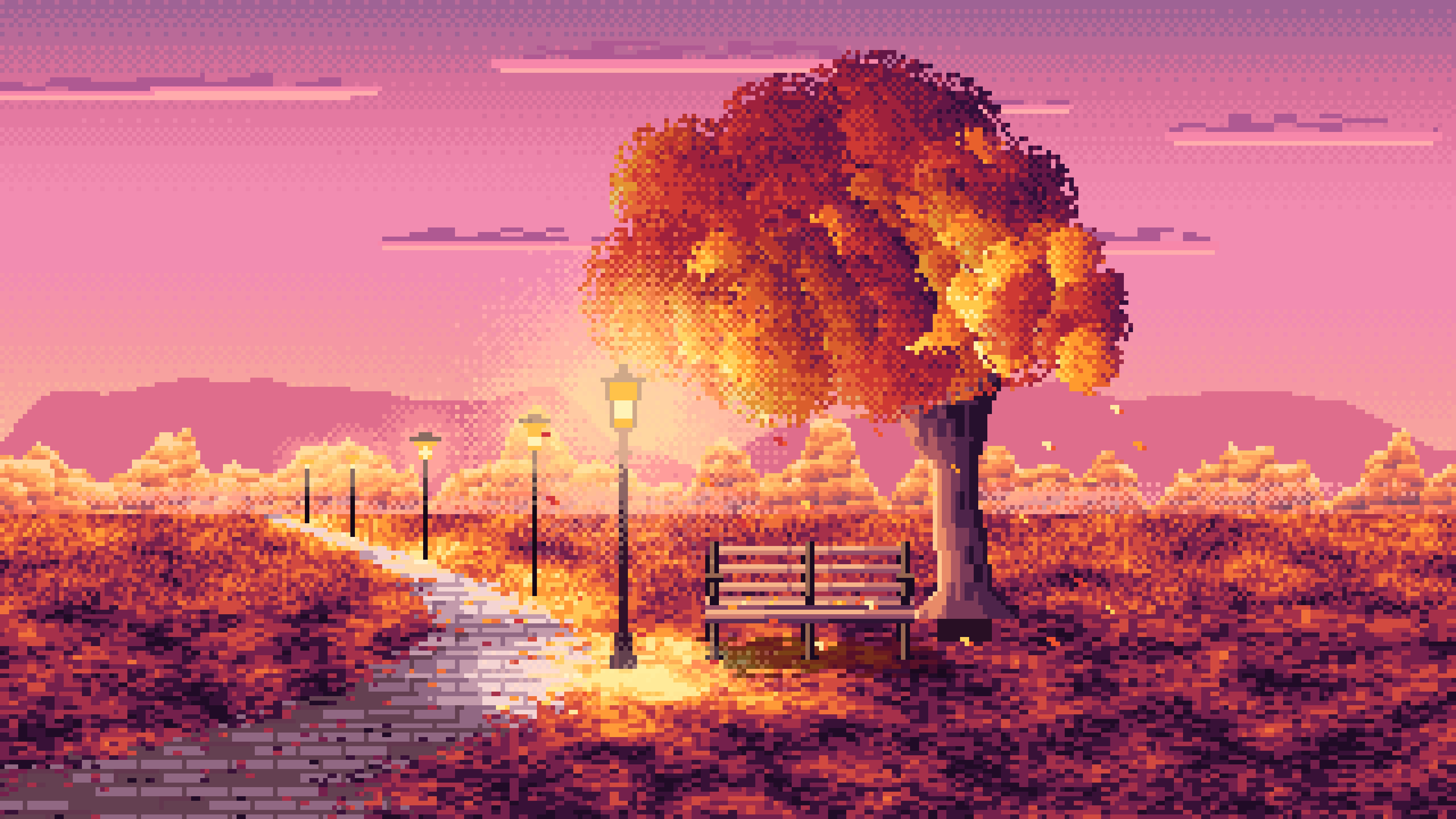 Pink Pixel Art Fall Park Bench desktop wallpaper in 4K