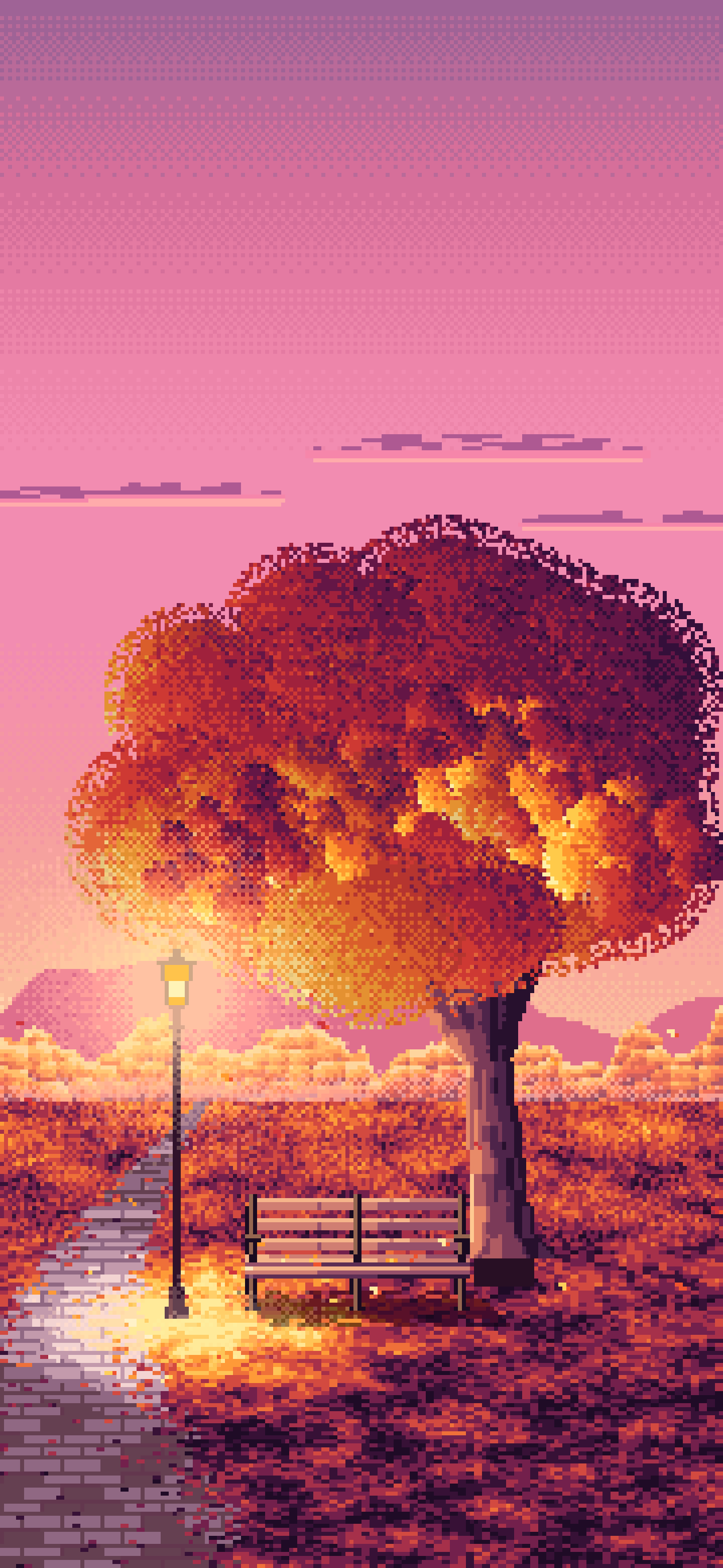 Pink Pixel Art Fall Park Bench wallpaper for iPhone and Android