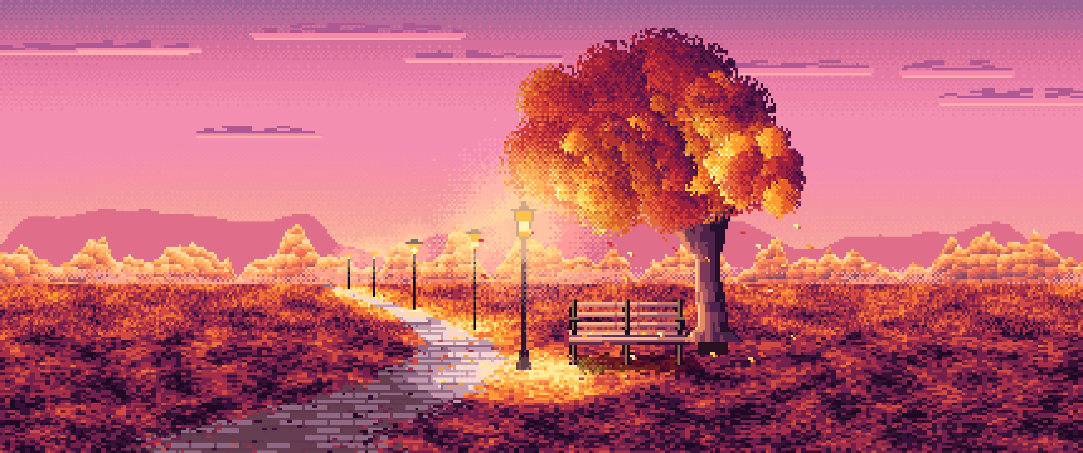 Pink Pixel Art Fall Park Bench ultrawide wallpaper, 3440 × 1440