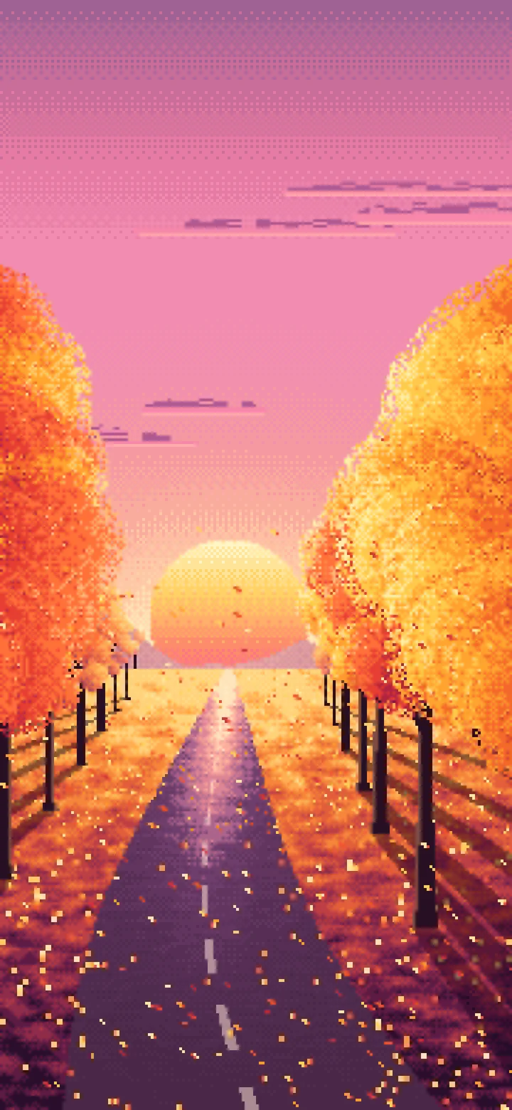 Pink Pixel Art Fall Road at Sunset wallpaper for iPhone and Android