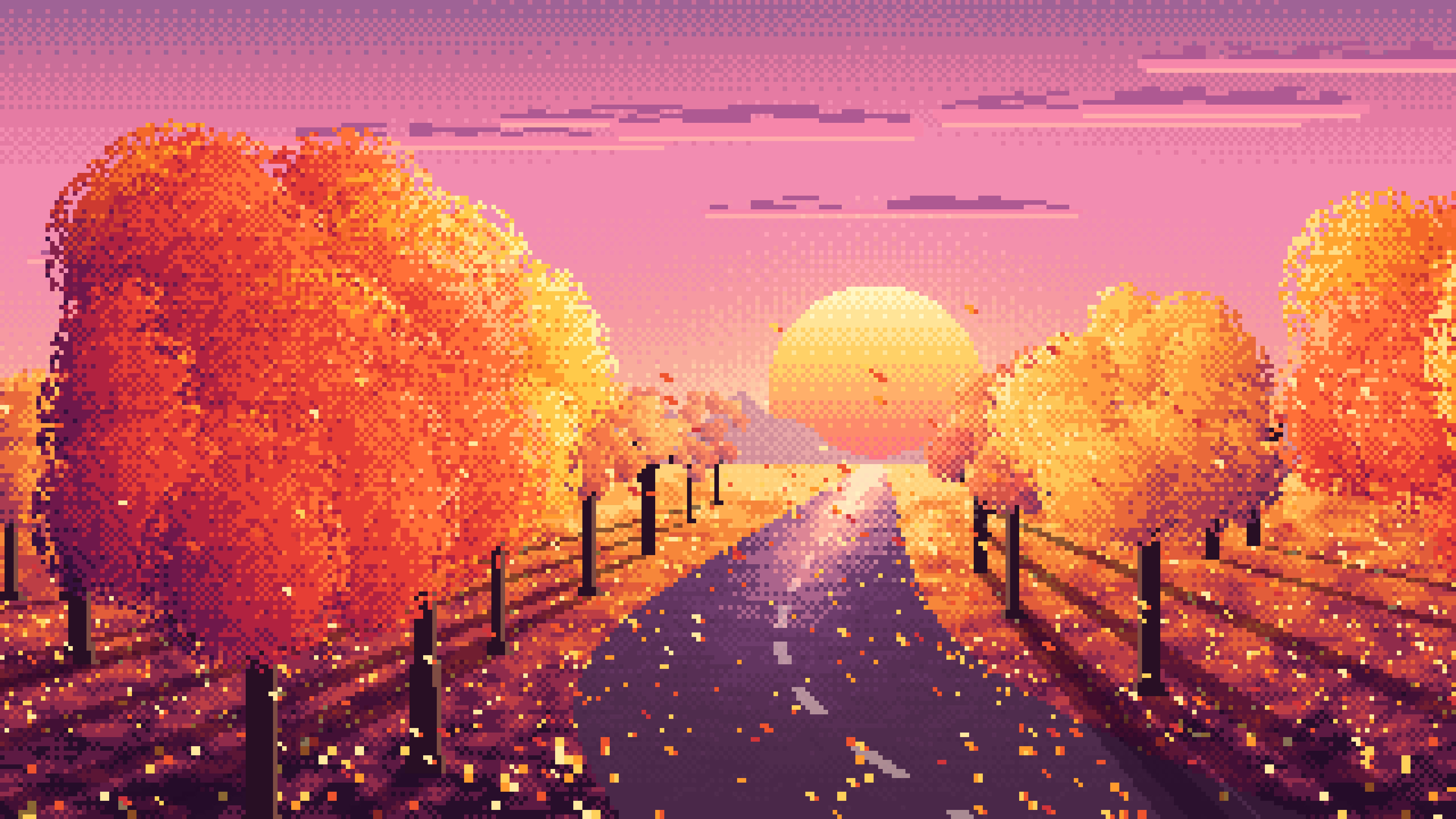 Pink Pixel Art Fall Road at Sunset desktop wallpaper in 4K