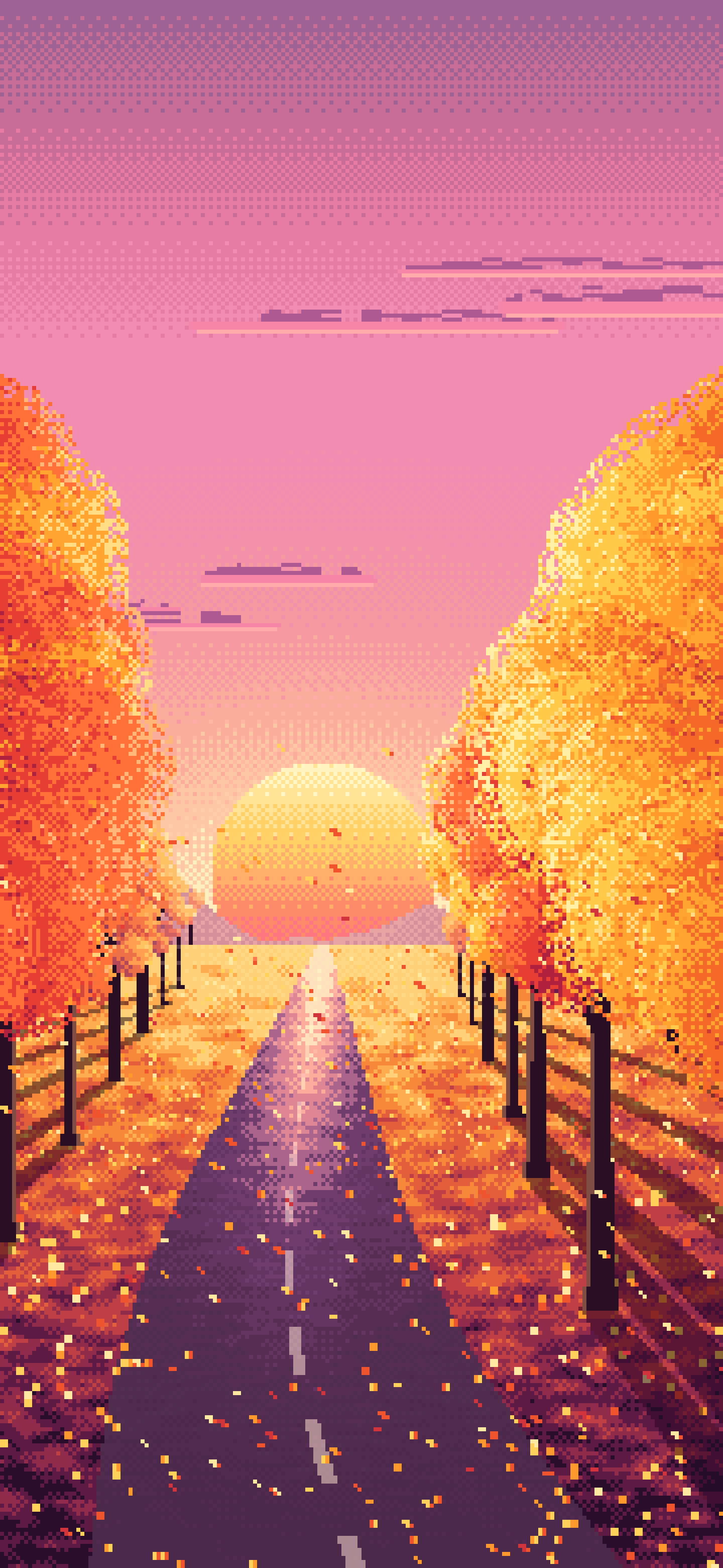 Pink Pixel Art Fall Road at Sunset wallpaper for iPhone and Android