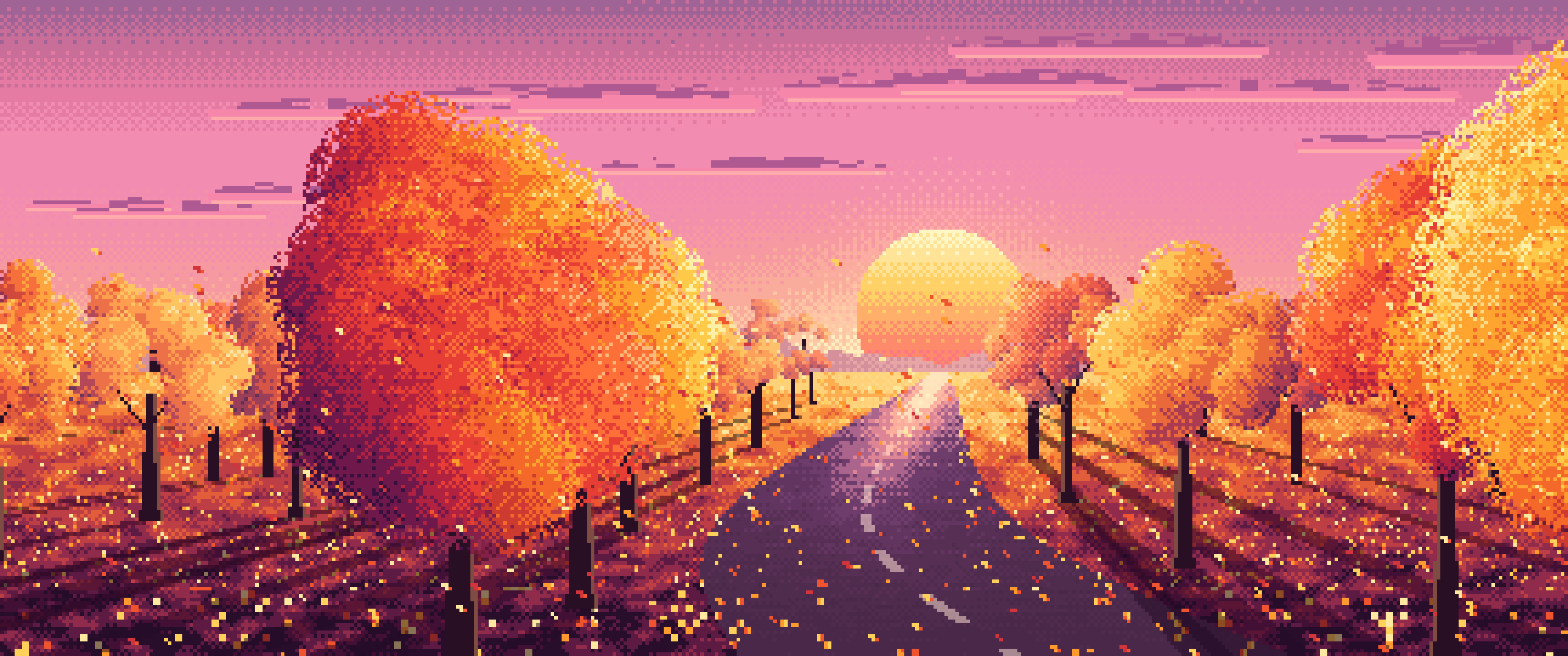 Pink Pixel Art Fall Road at Sunset ultrawide wallpaper, 3440 × 1440
