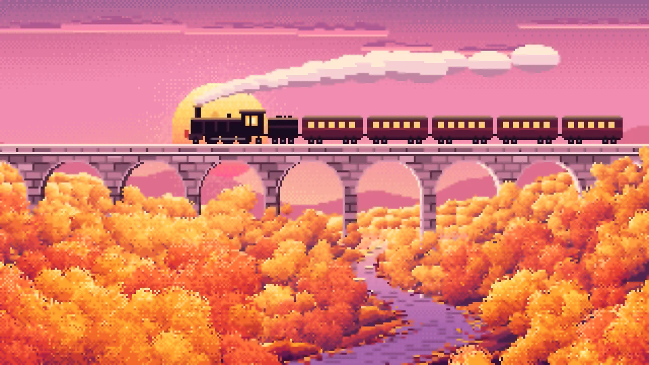 Pink Pixel Art Fall Steam Train on a Viaduct desktop wallpaper in 4K
