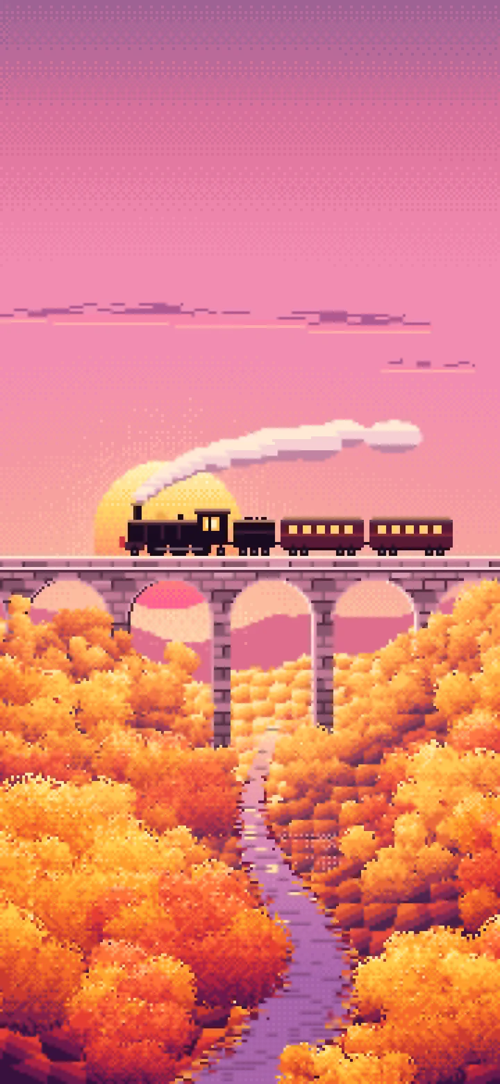 Pink Pixel Art Fall Steam Train on a Viaduct wallpaper for iPhone and Android