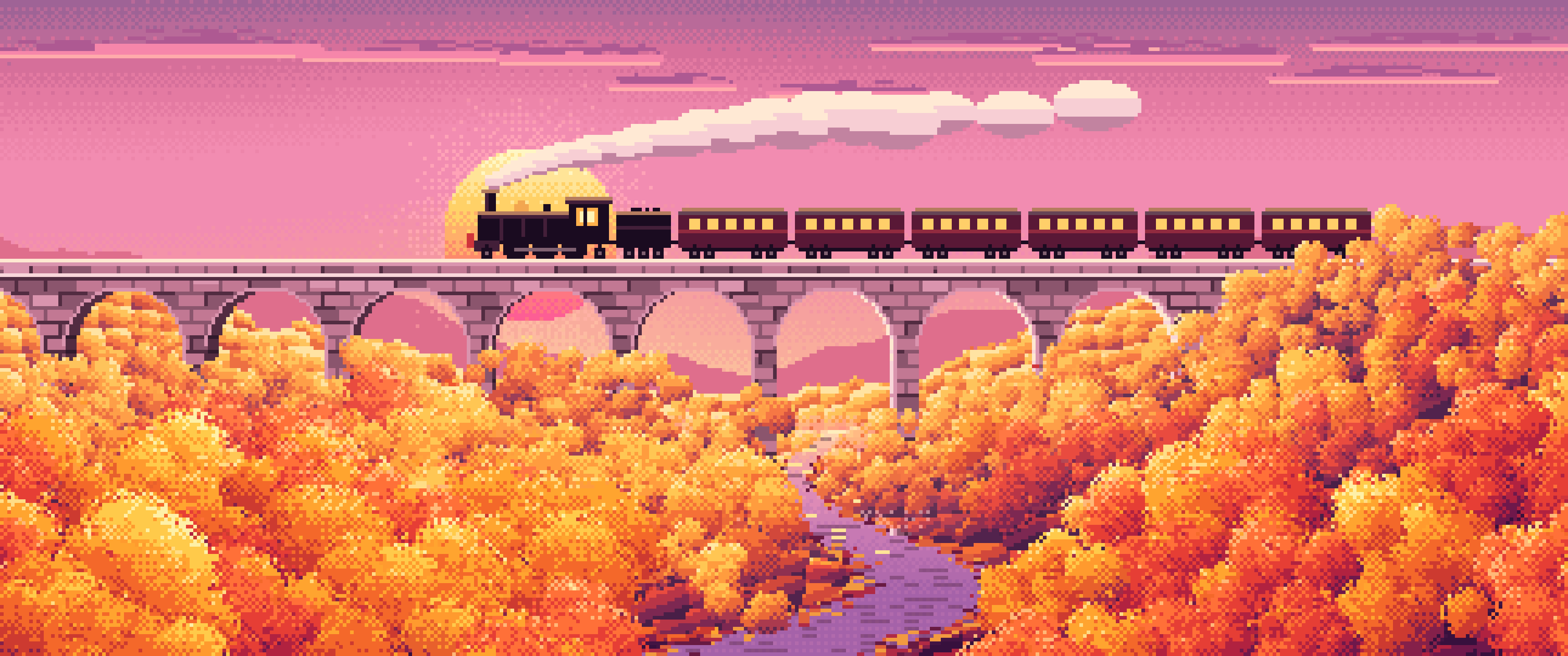 Pink Pixel Art Fall Steam Train on a Viaduct ultrawide wallpaper, 3440 × 1440