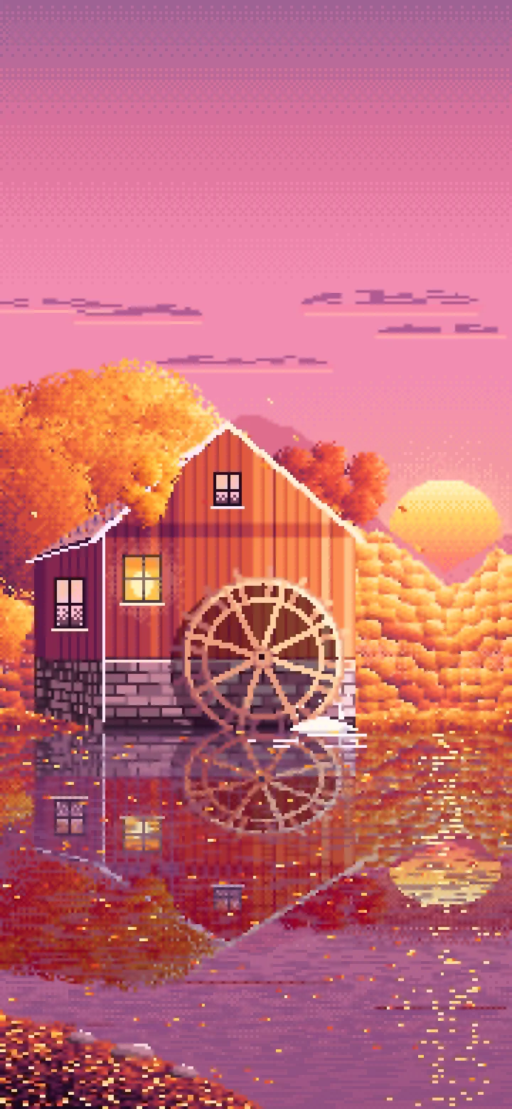 Pink Pixel Art Fall Watermill by a Stream wallpaper for iPhone and Android