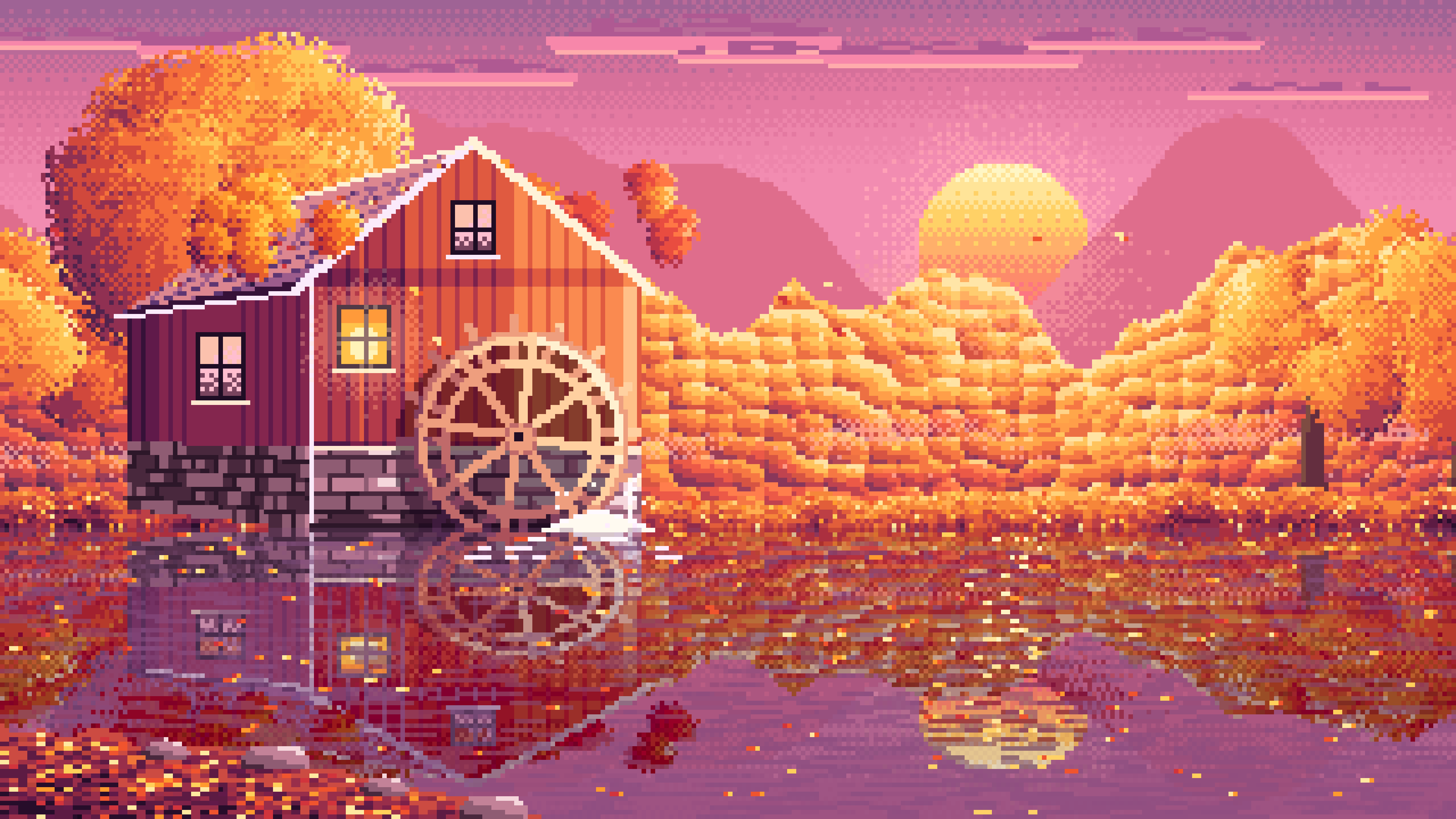 Pink Pixel Art Fall Watermill by a Stream desktop wallpaper in 4K