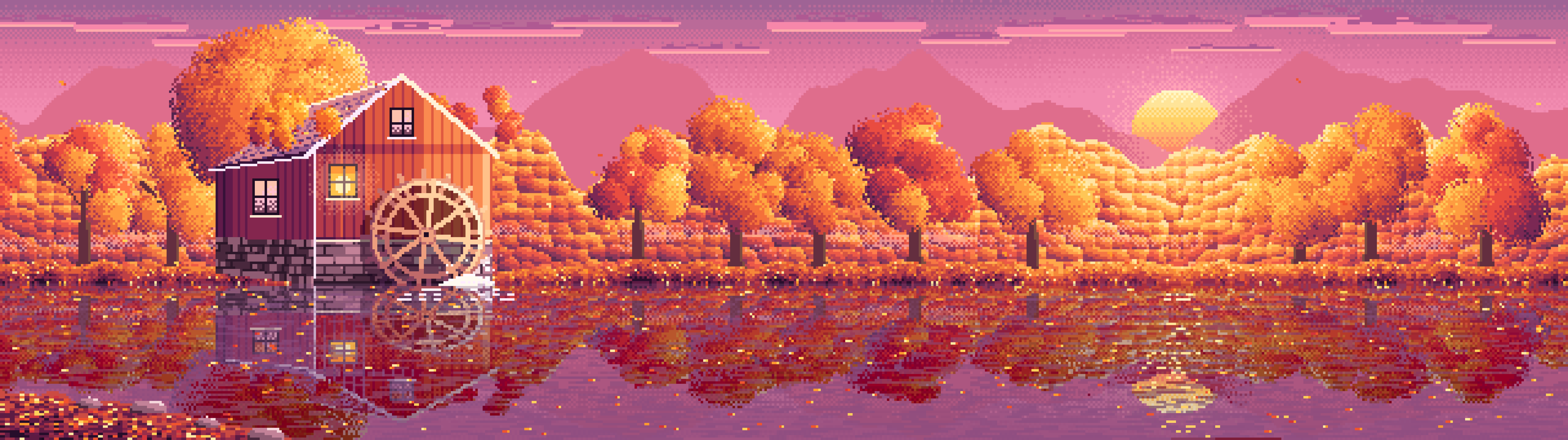 Pink Pixel Art Fall Watermill by a Stream dual monitor wallpaper, 7680 × 2160