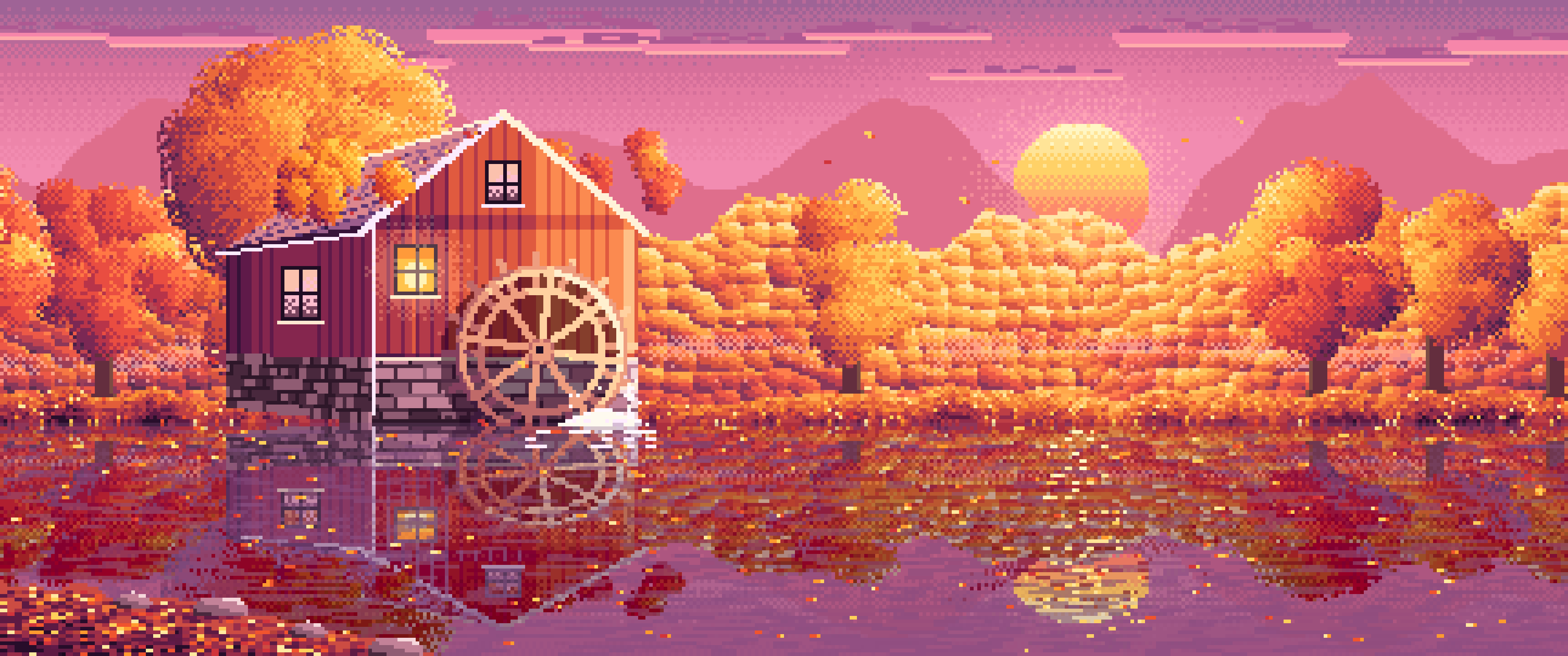 Pink Pixel Art Fall Watermill by a Stream ultrawide wallpaper, 3440 × 1440