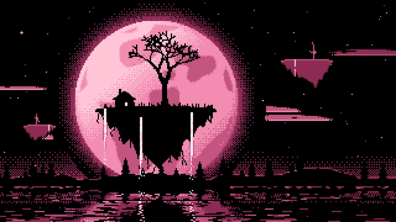 Pink Pixel Art Fantasy Floating Island and Full Moon desktop wallpaper in 4K