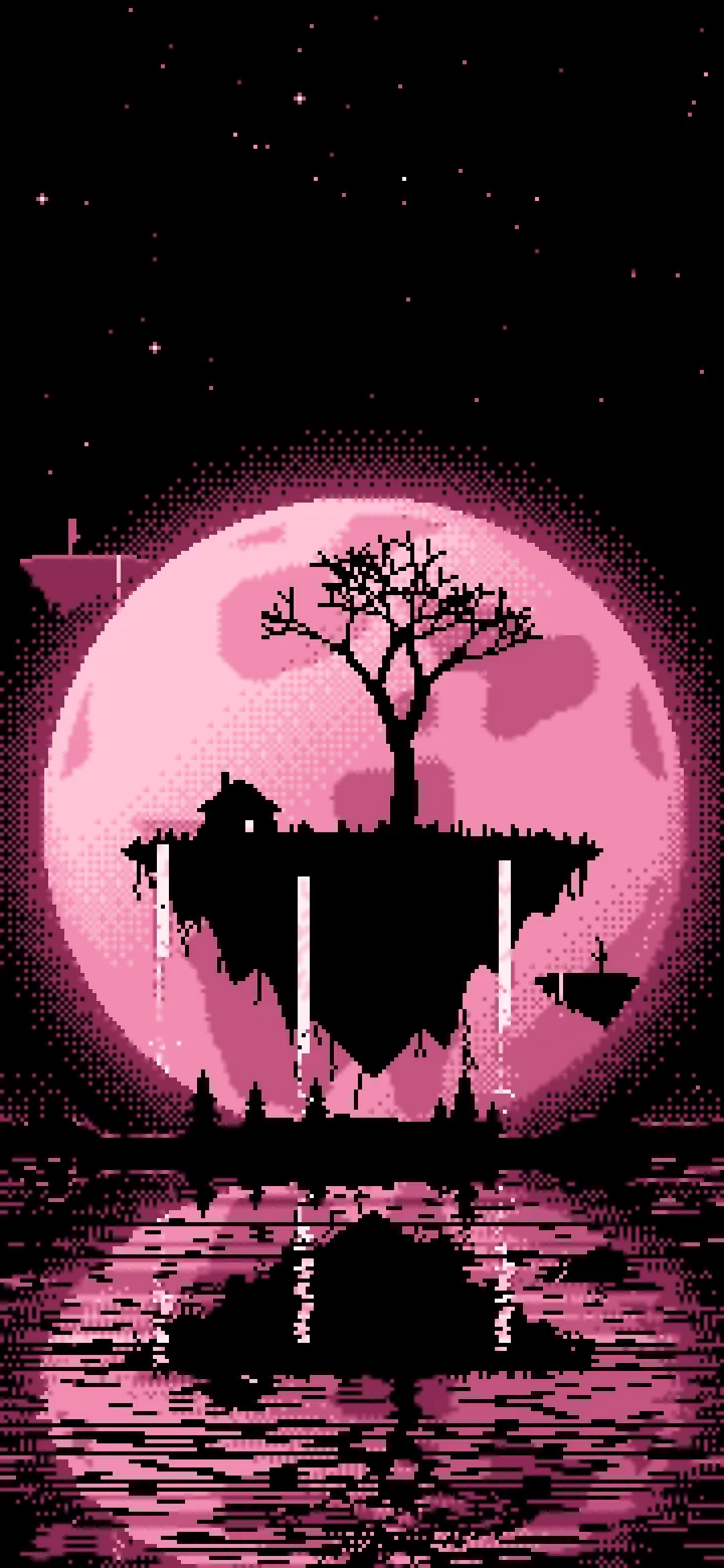 Pink Pixel Art Fantasy Floating Island and Full Moon wallpaper for iPhone and Android