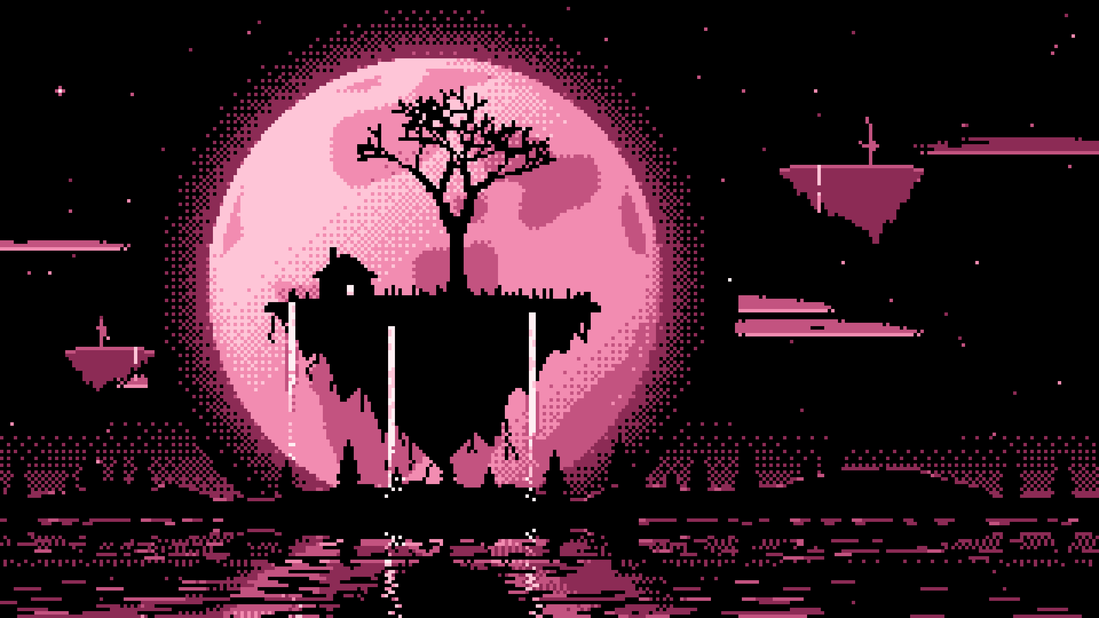 Pink Pixel Art Fantasy Floating Island and Full Moon desktop wallpaper in 4K
