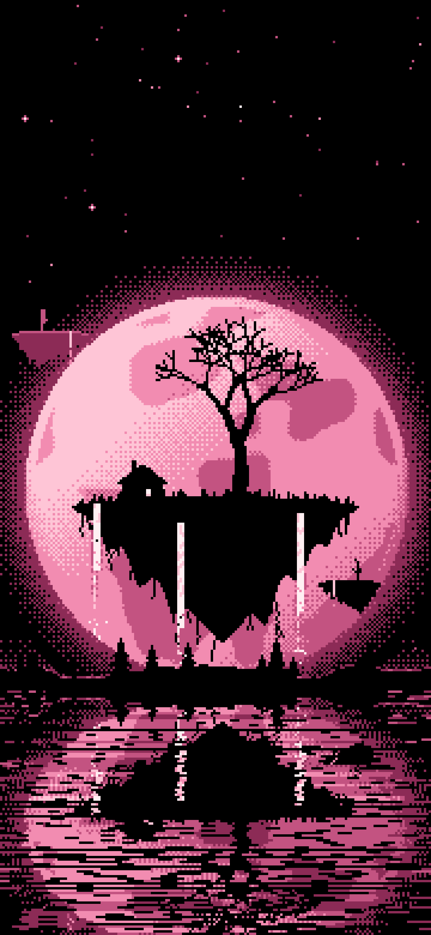 Pink Pixel Art Fantasy Floating Island and Full Moon wallpaper for iPhone and Android