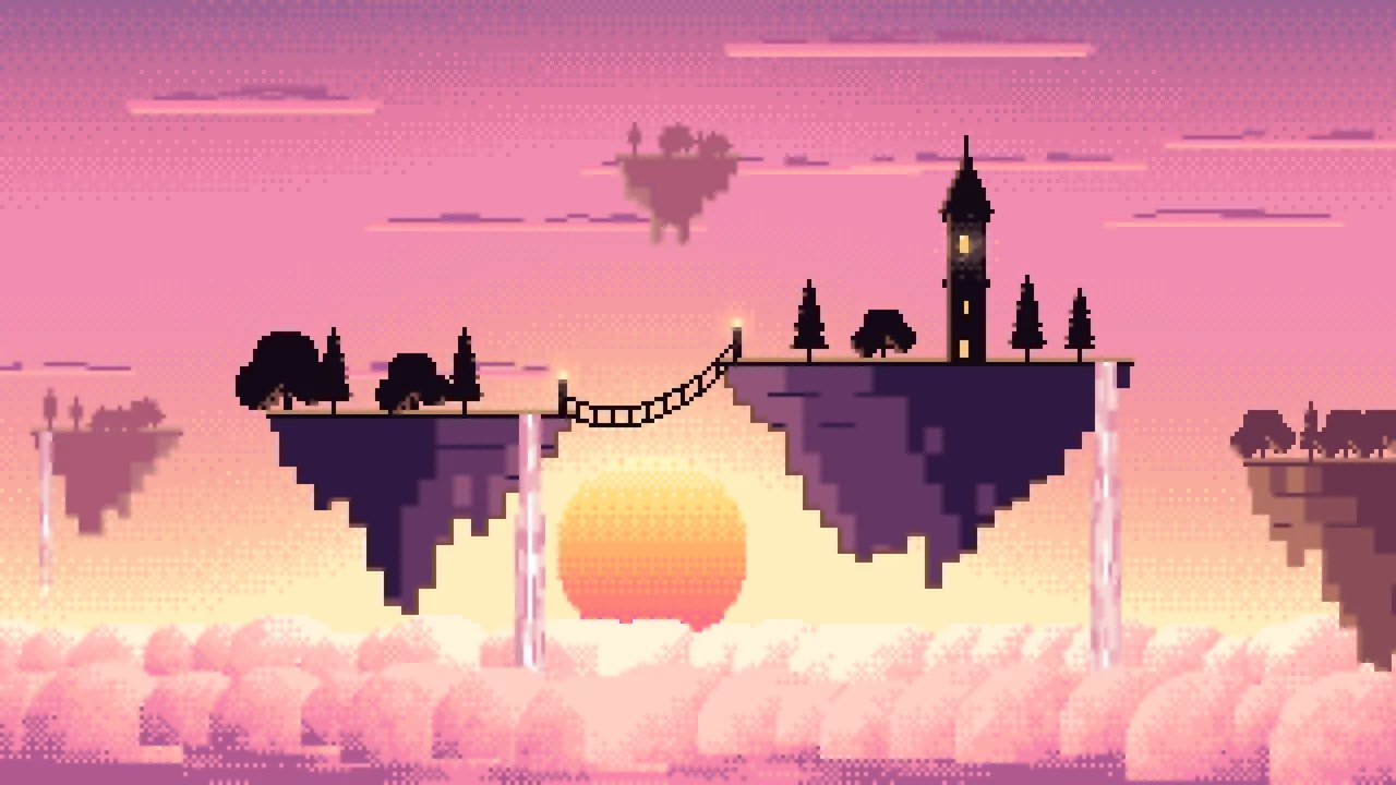 Pink Pixel Art Fantasy Floating Islands at Sunset desktop wallpaper in 4K
