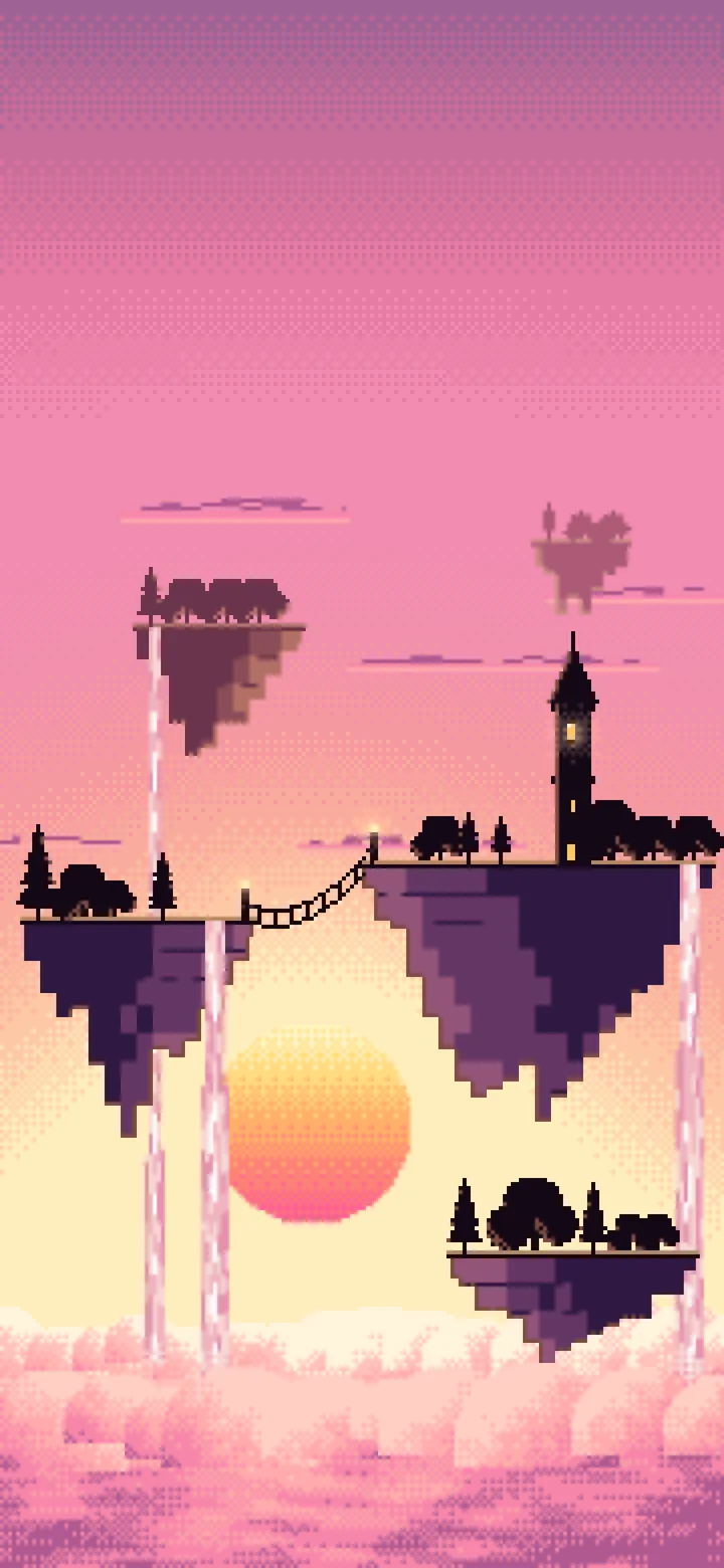 Pink Pixel Art Fantasy Floating Islands at Sunset wallpaper for iPhone and Android