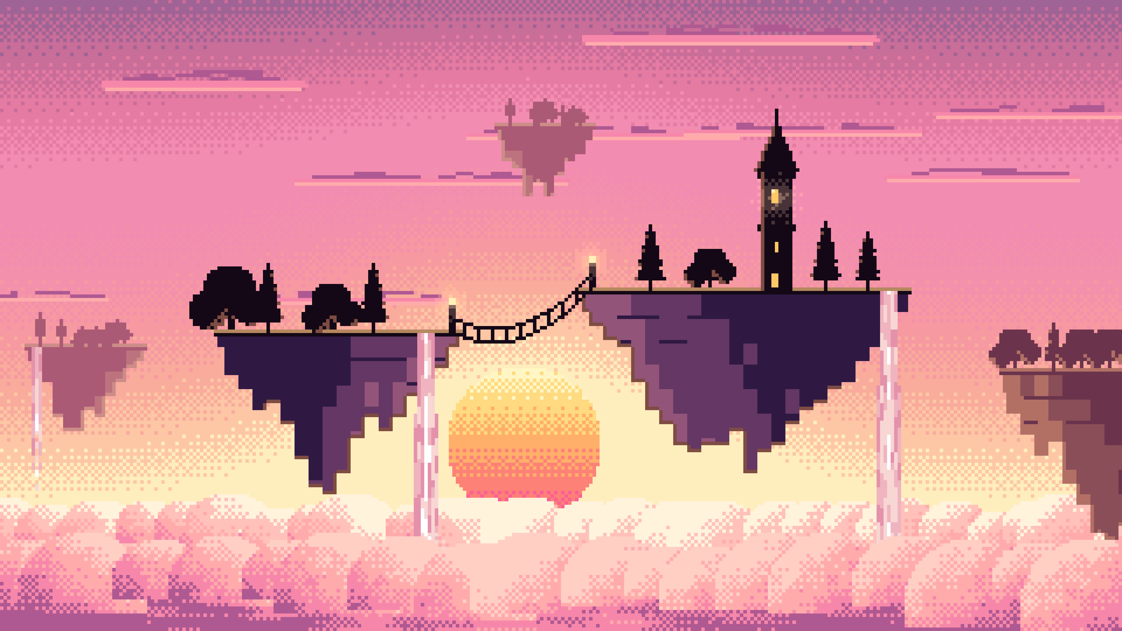 Pink Pixel Art Fantasy Floating Islands at Sunset desktop wallpaper in 4K