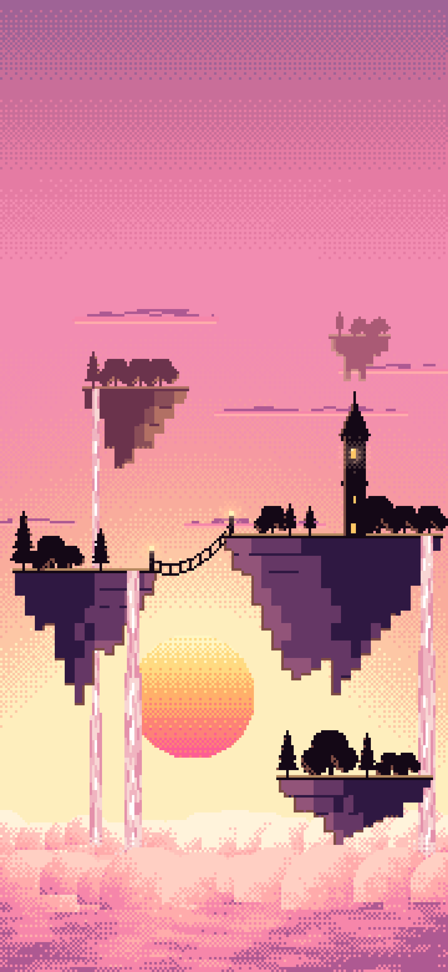 Pink Pixel Art Fantasy Floating Islands at Sunset wallpaper for iPhone and Android