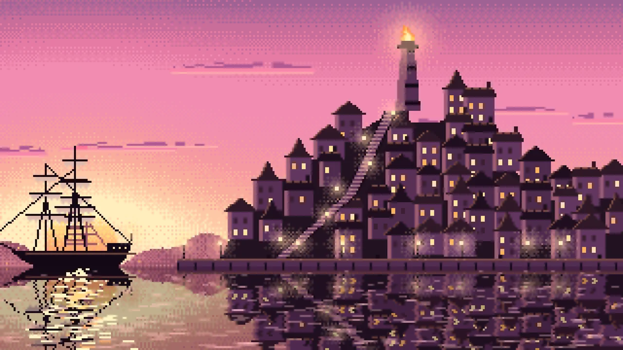 Pink Pixel Art Fantasy Harbor Town at Dusk desktop wallpaper in 4K