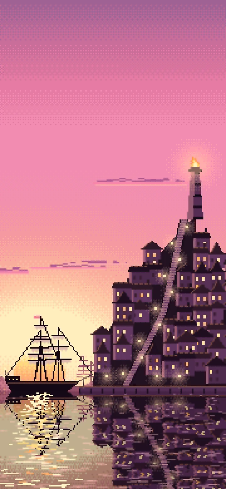 Pink Pixel Art Fantasy Harbor Town at Dusk wallpaper for iPhone and Android
