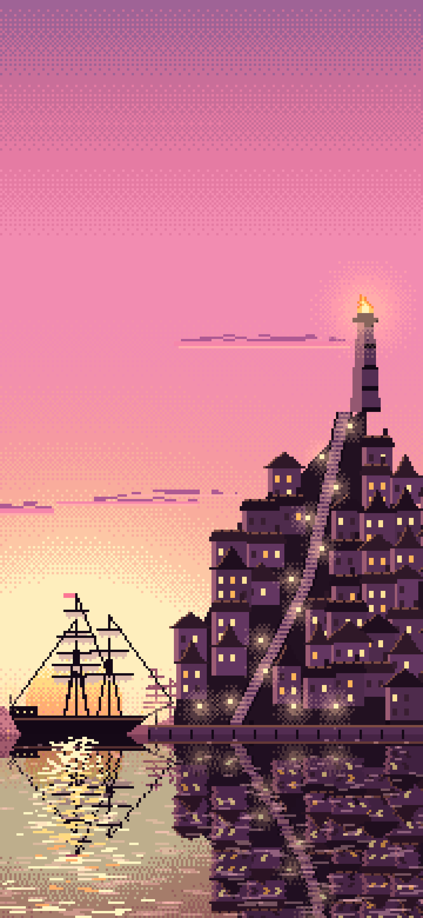 Pink Pixel Art Fantasy Harbor Town at Dusk wallpaper for iPhone and Android