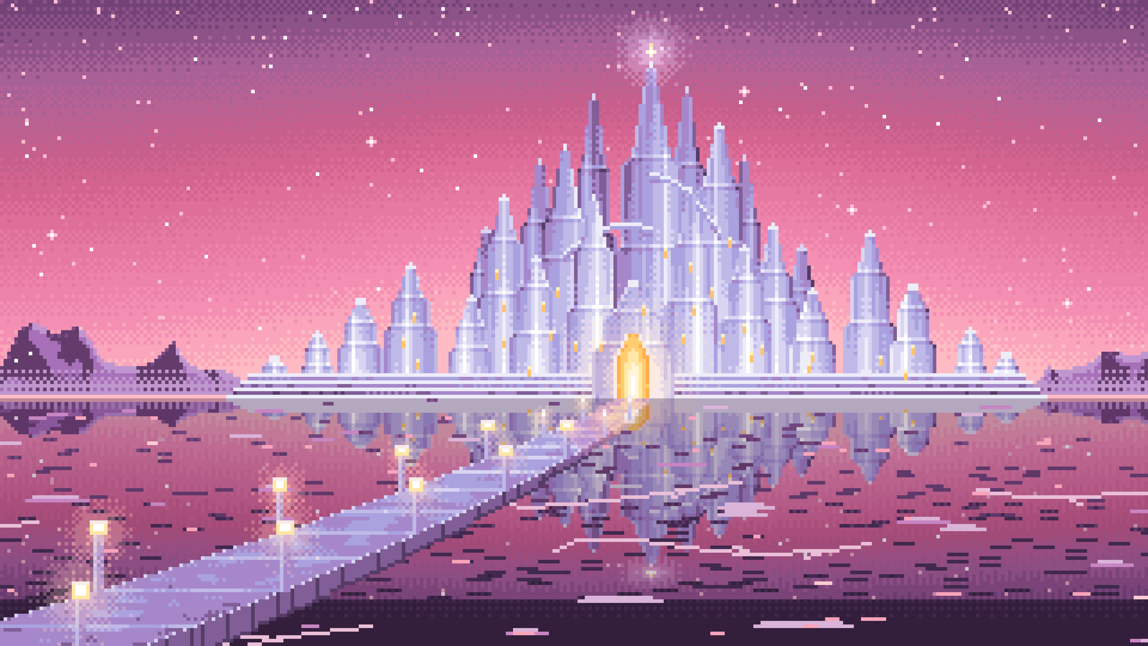 Pink Pixel Art Fantasy Ice Palace desktop wallpaper in 4K