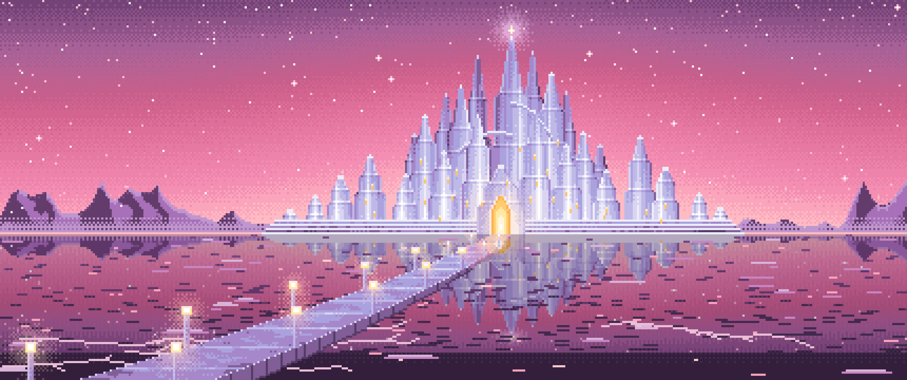 Pink Pixel Art Fantasy Ice Palace ultrawide wallpaper, 3440 × 1440