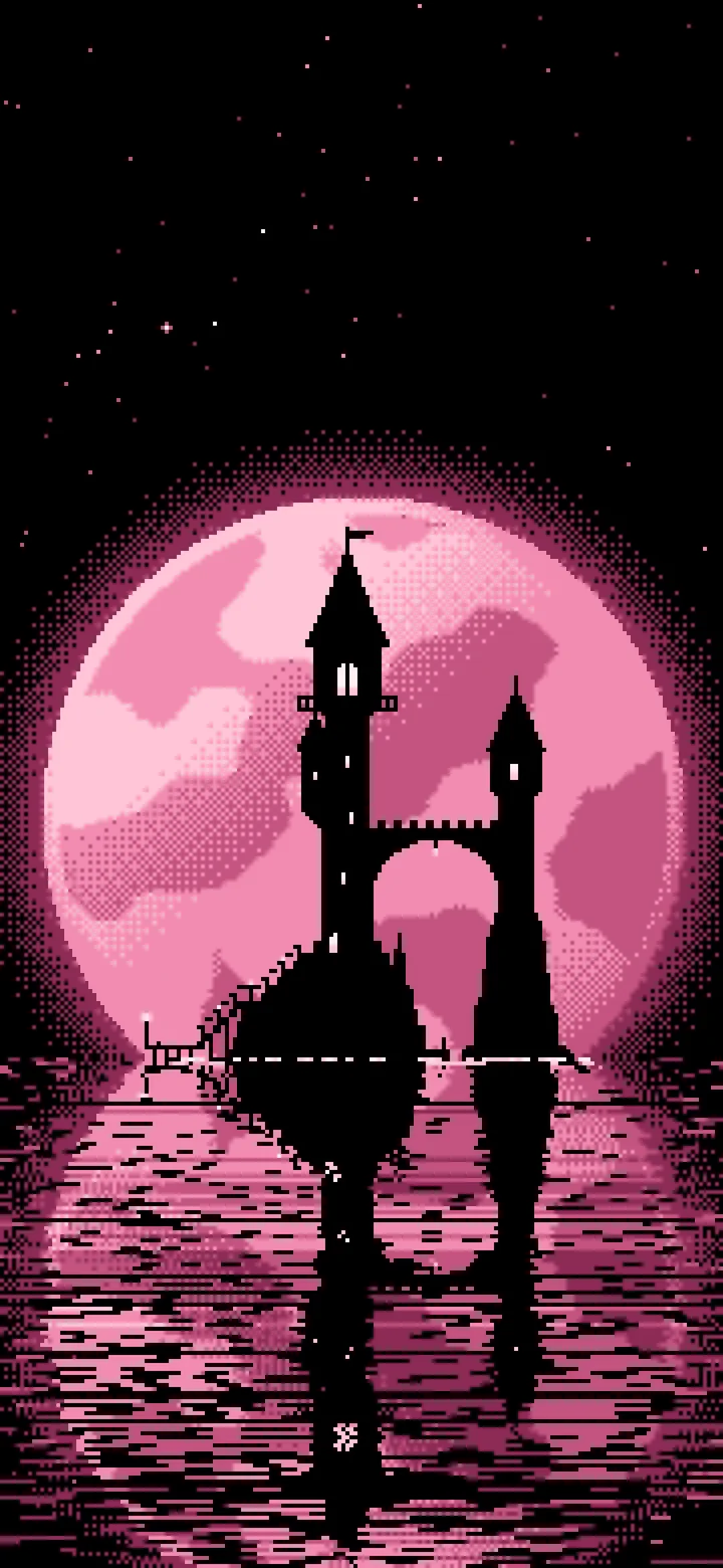 Pink Pixel Art Fantasy Wizard Tower and Full Moon wallpaper for iPhone and Android