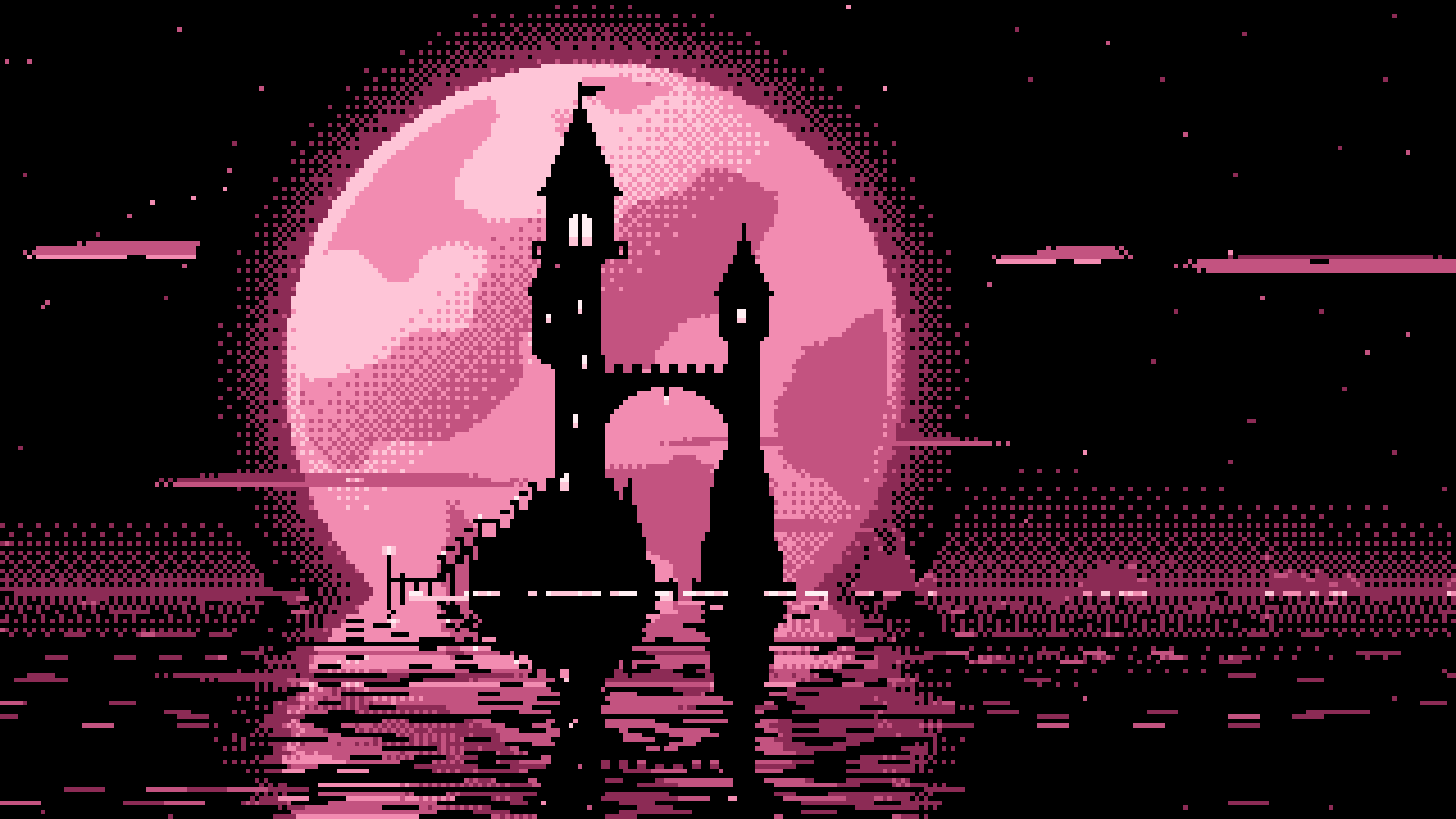 Pink Pixel Art Fantasy Wizard Tower and Full Moon desktop wallpaper in 4K