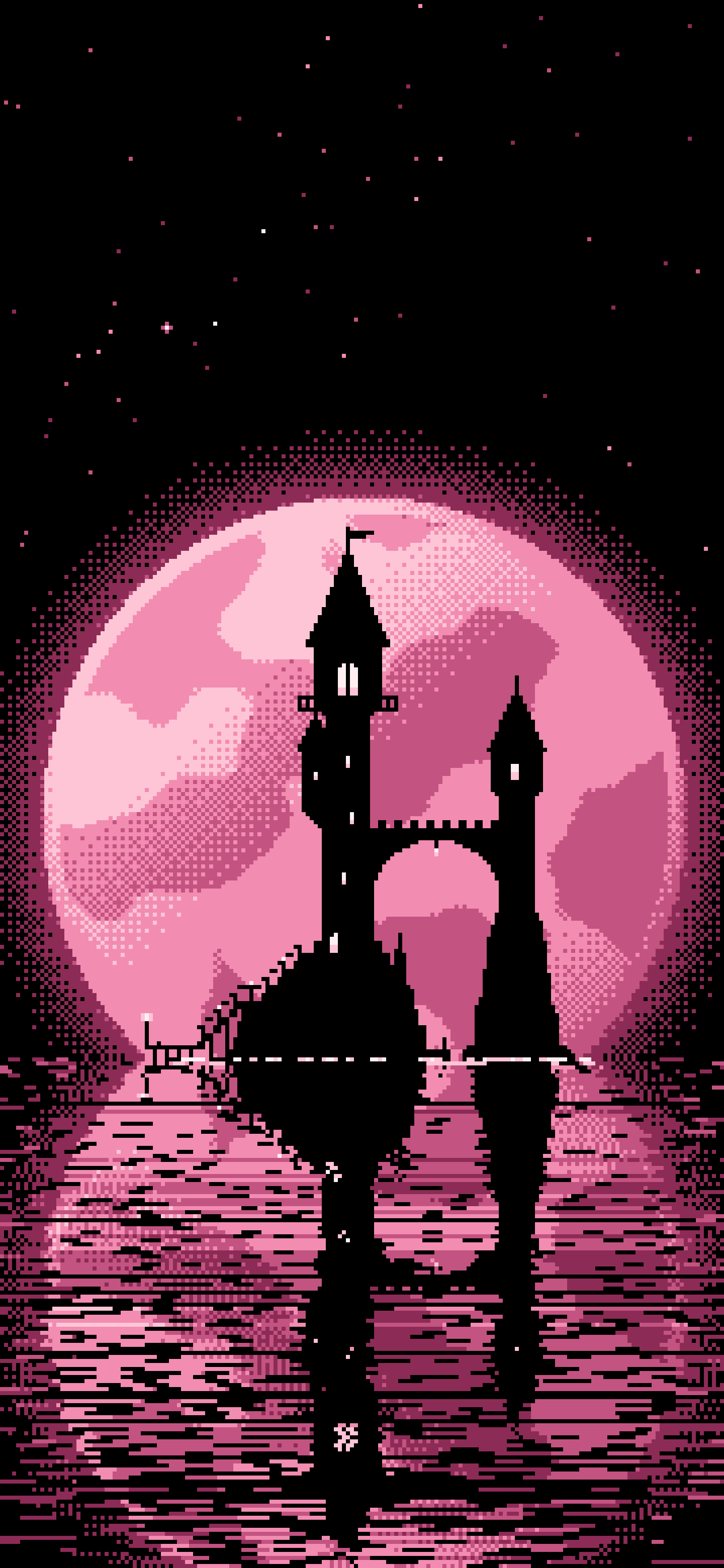 Pink Pixel Art Fantasy Wizard Tower and Full Moon wallpaper for iPhone and Android