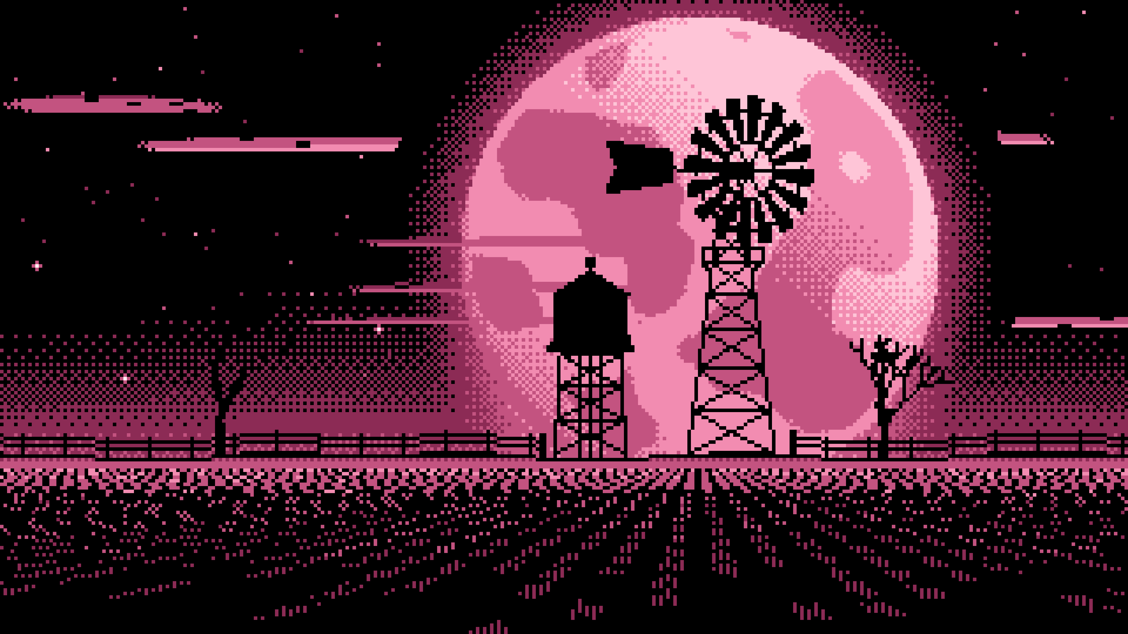 Pink Pixel Art Farm Windmill and Harvest Moon desktop wallpaper in 4K