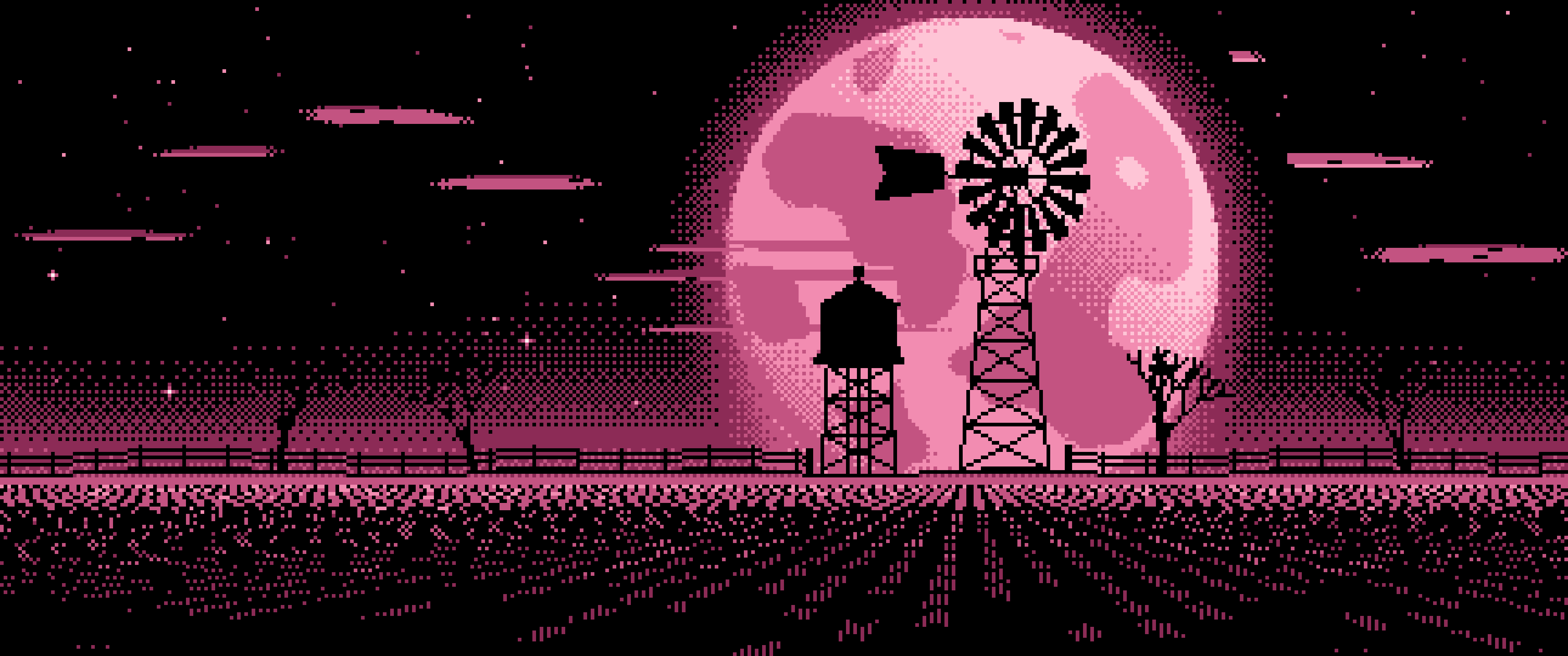Pink Pixel Art Farm Windmill and Harvest Moon ultrawide wallpaper, 3440 × 1440
