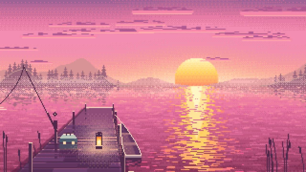 Pink Pixel Art Fishing Dock at Sunrise desktop wallpaper in 4K