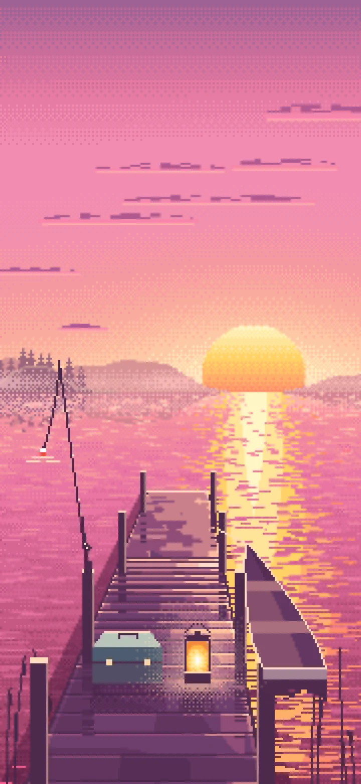 Pink Pixel Art Fishing Dock at Sunrise wallpaper for iPhone and Android