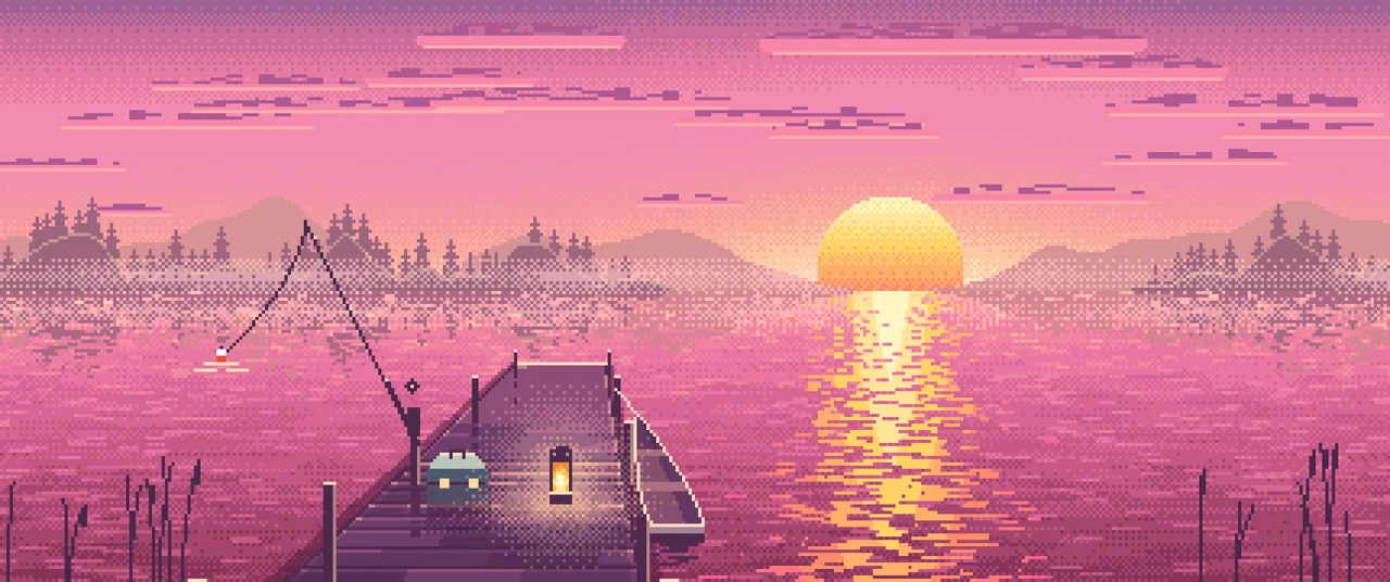 Pink Pixel Art Fishing Dock at Sunrise ultrawide wallpaper, 3440 × 1440