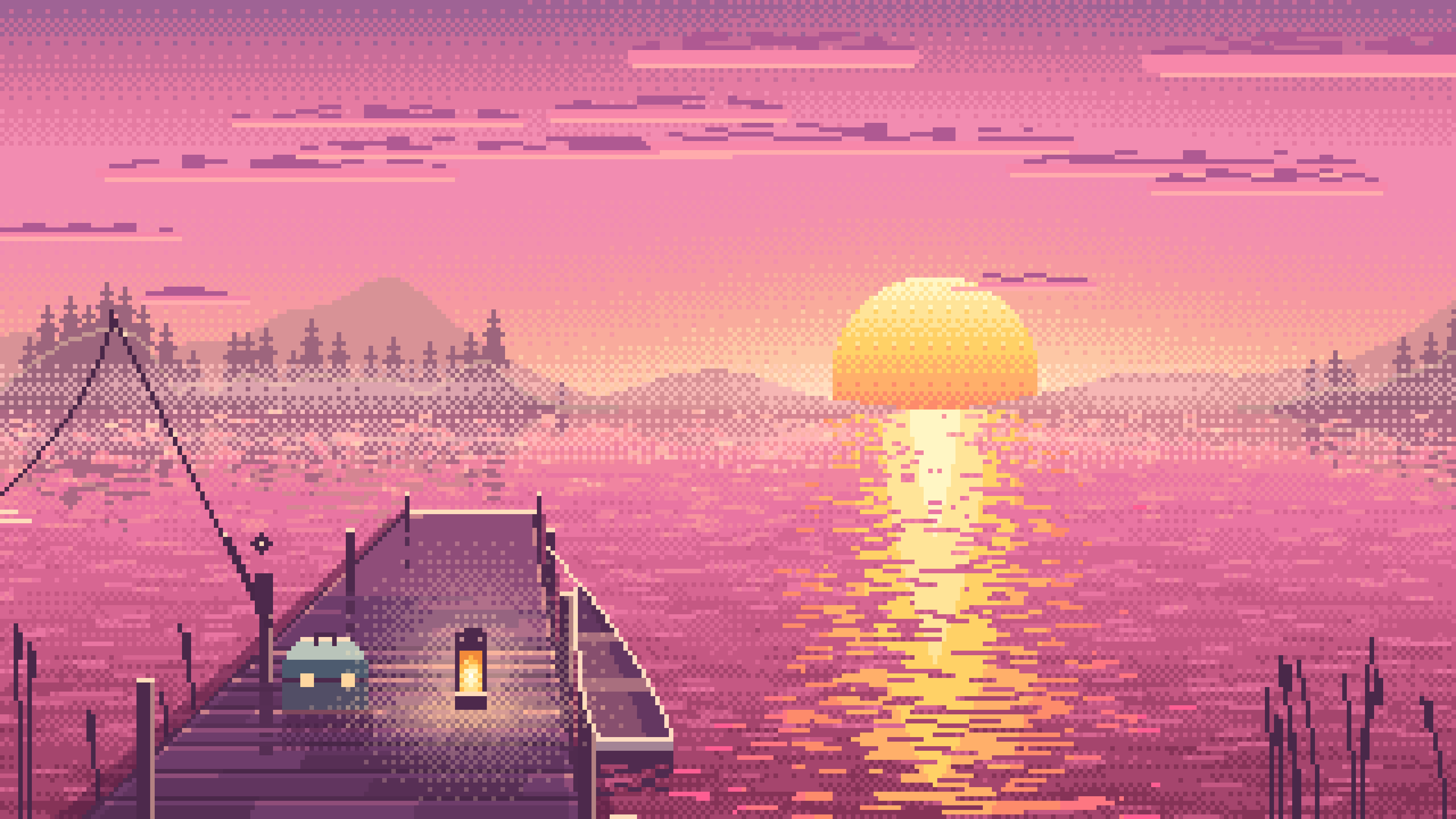 Pink Pixel Art Fishing Dock at Sunrise desktop wallpaper in 4K