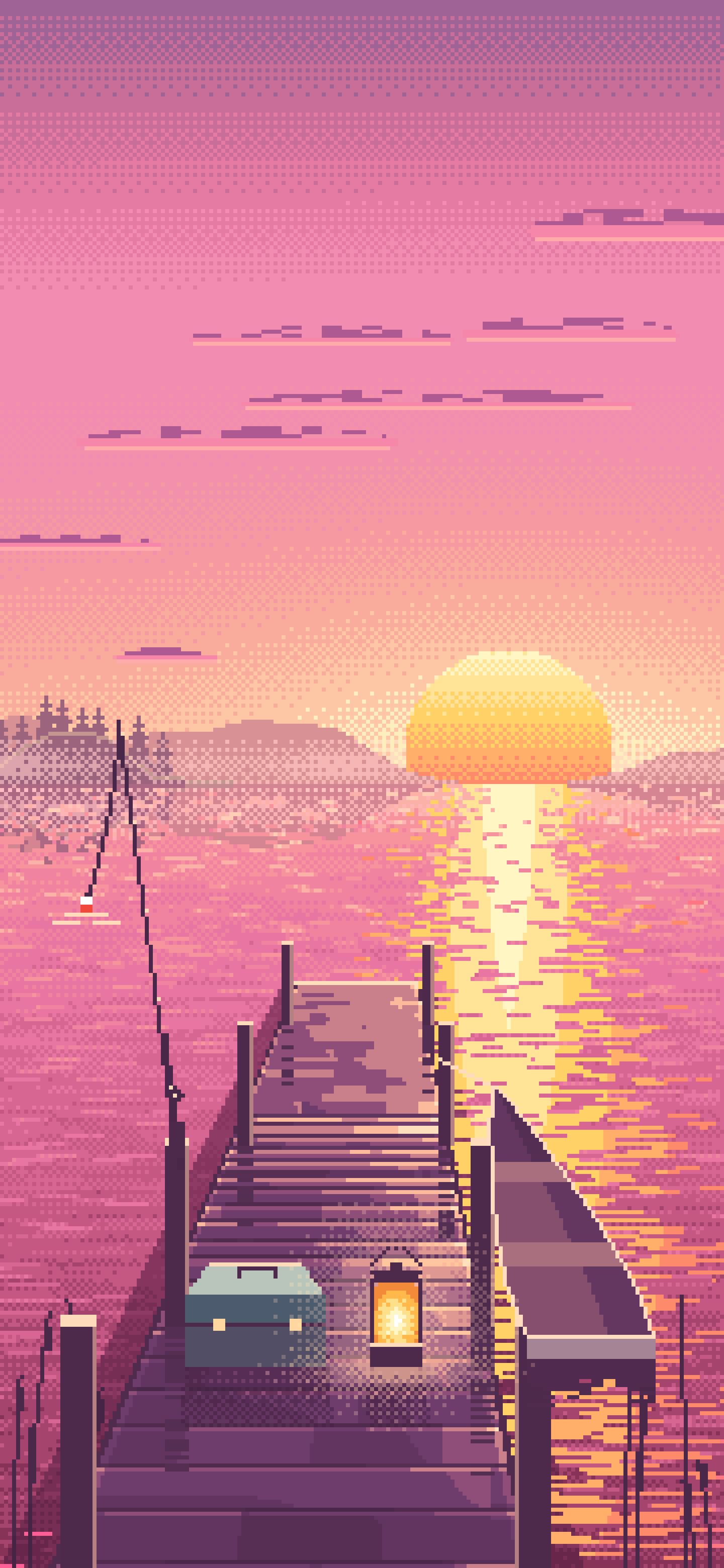 Pink Pixel Art Fishing Dock at Sunrise wallpaper for iPhone and Android