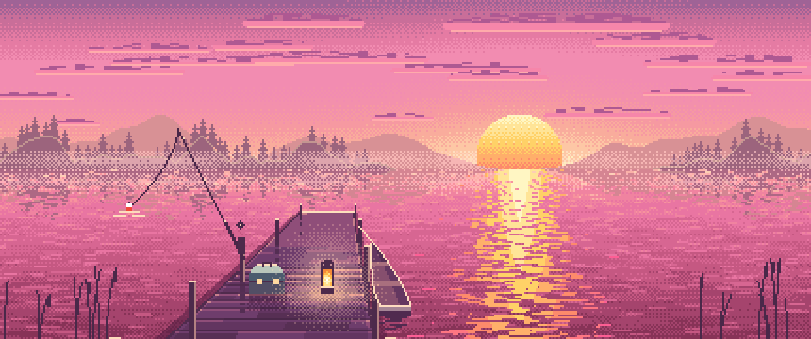 Pink Pixel Art Fishing Dock at Sunrise ultrawide wallpaper, 3440 × 1440