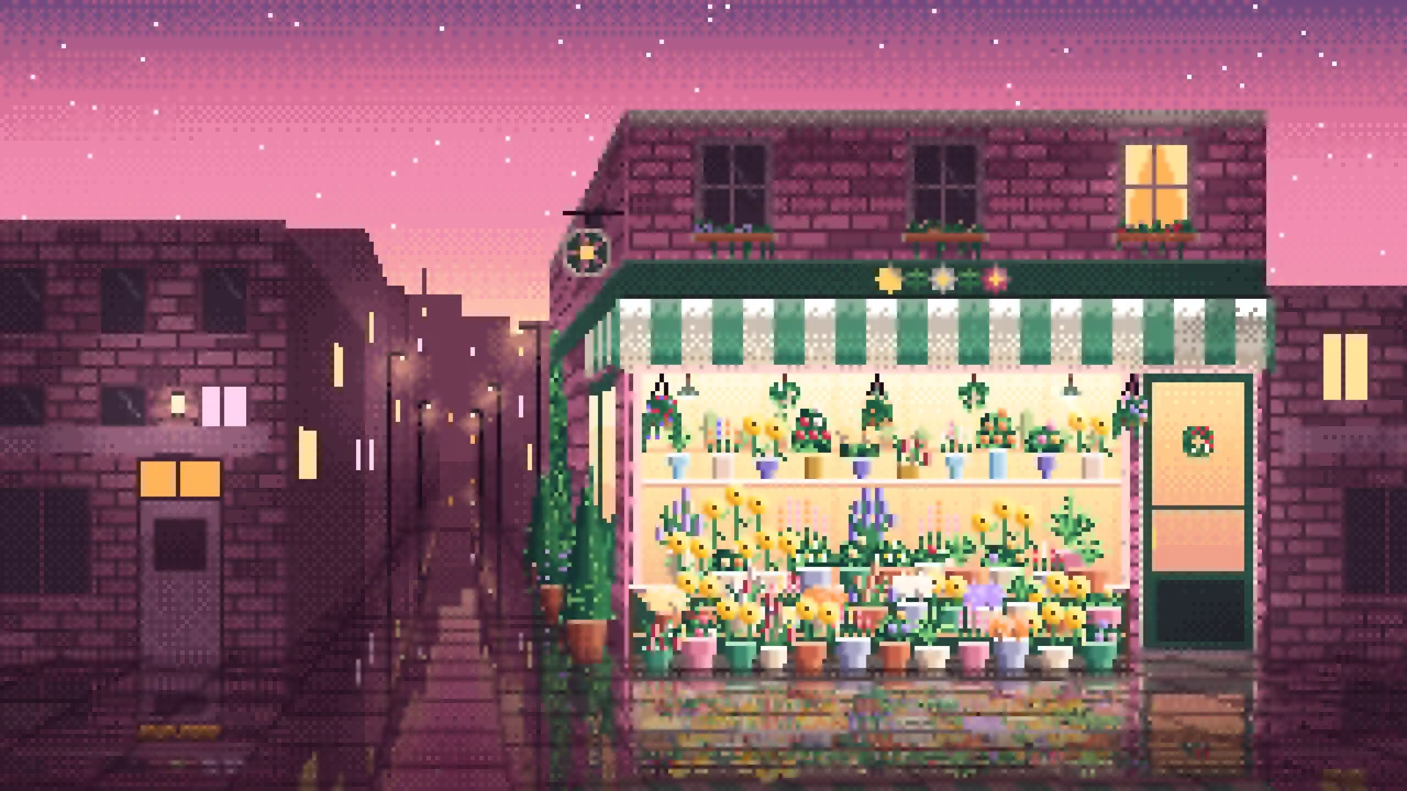 Pink Pixel Art Flower Shop desktop wallpaper in 4K