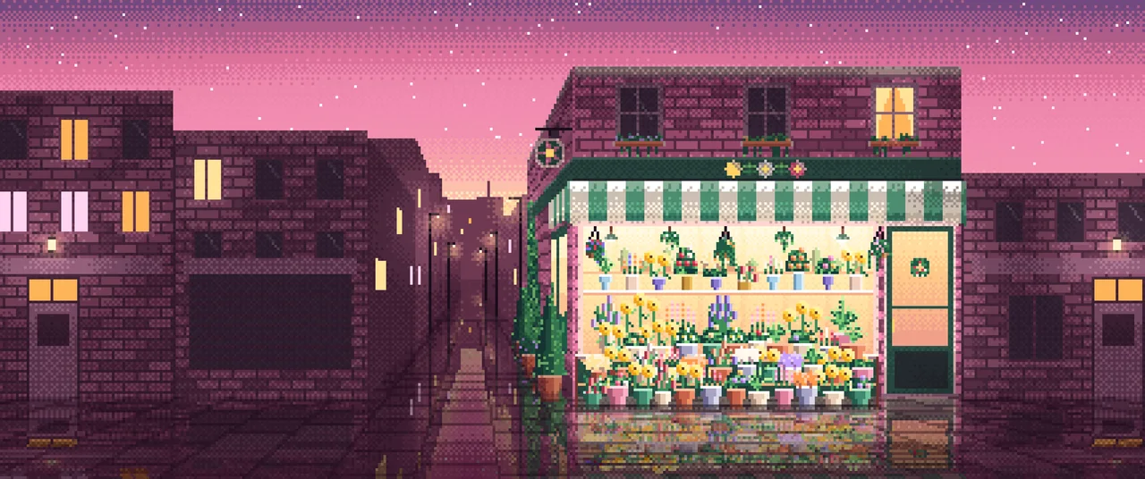 Pink Pixel Art Flower Shop ultrawide wallpaper, 3440 × 1440